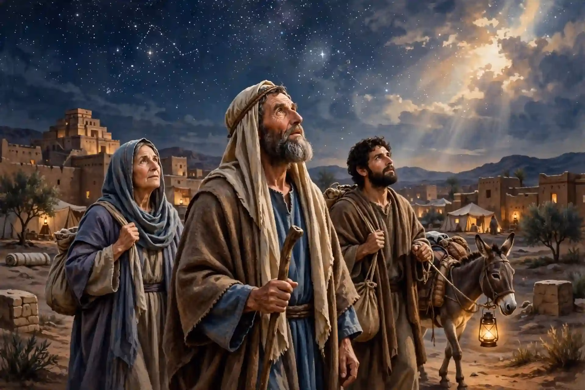 Abraham saliendo de Harán a los 75 años con Sara y su caravana bajo un cielo estrellado, respondiendo al llamado de Dios