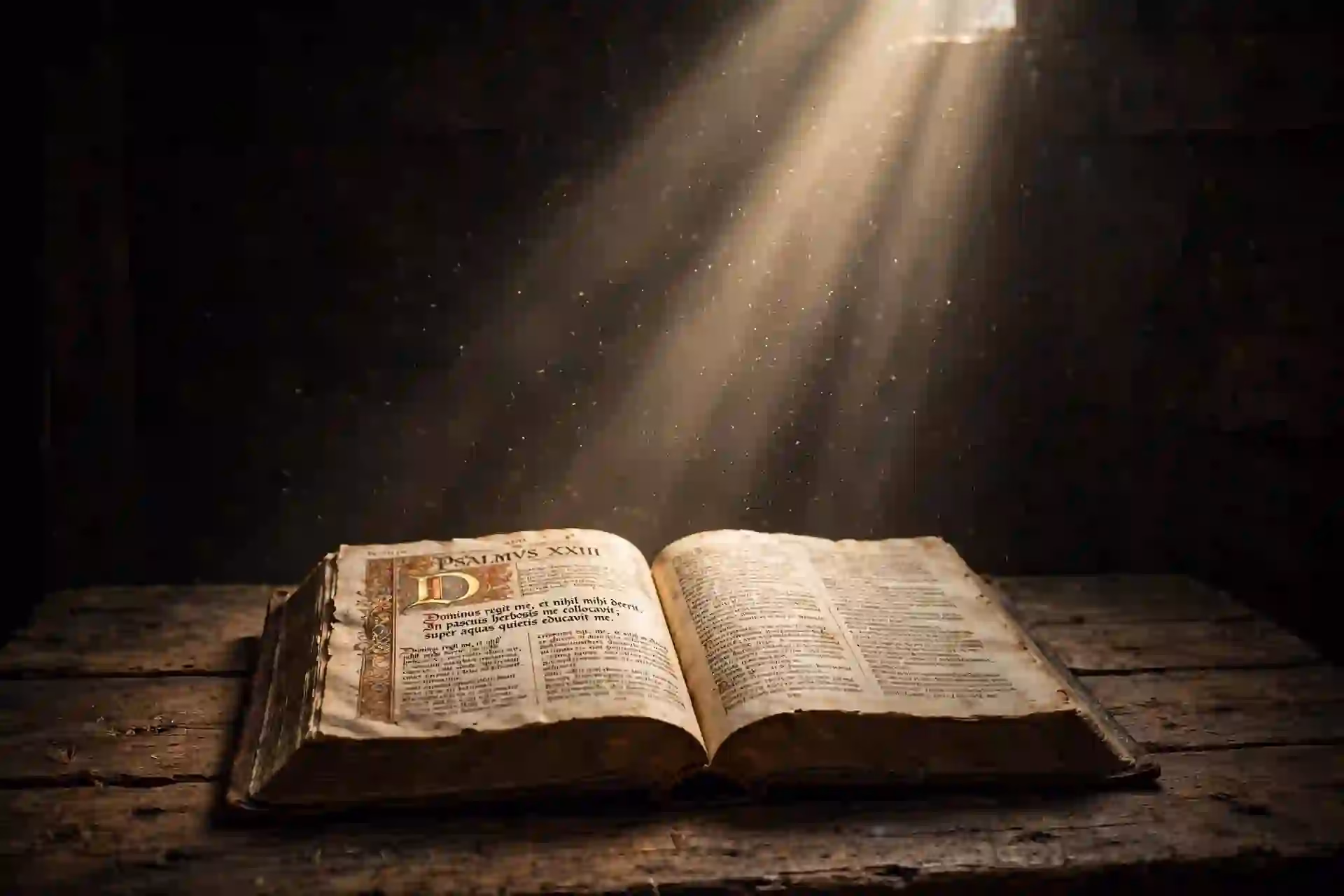 Biblia antigua abierta iluminada por luz divina que representa la revelación de Dios