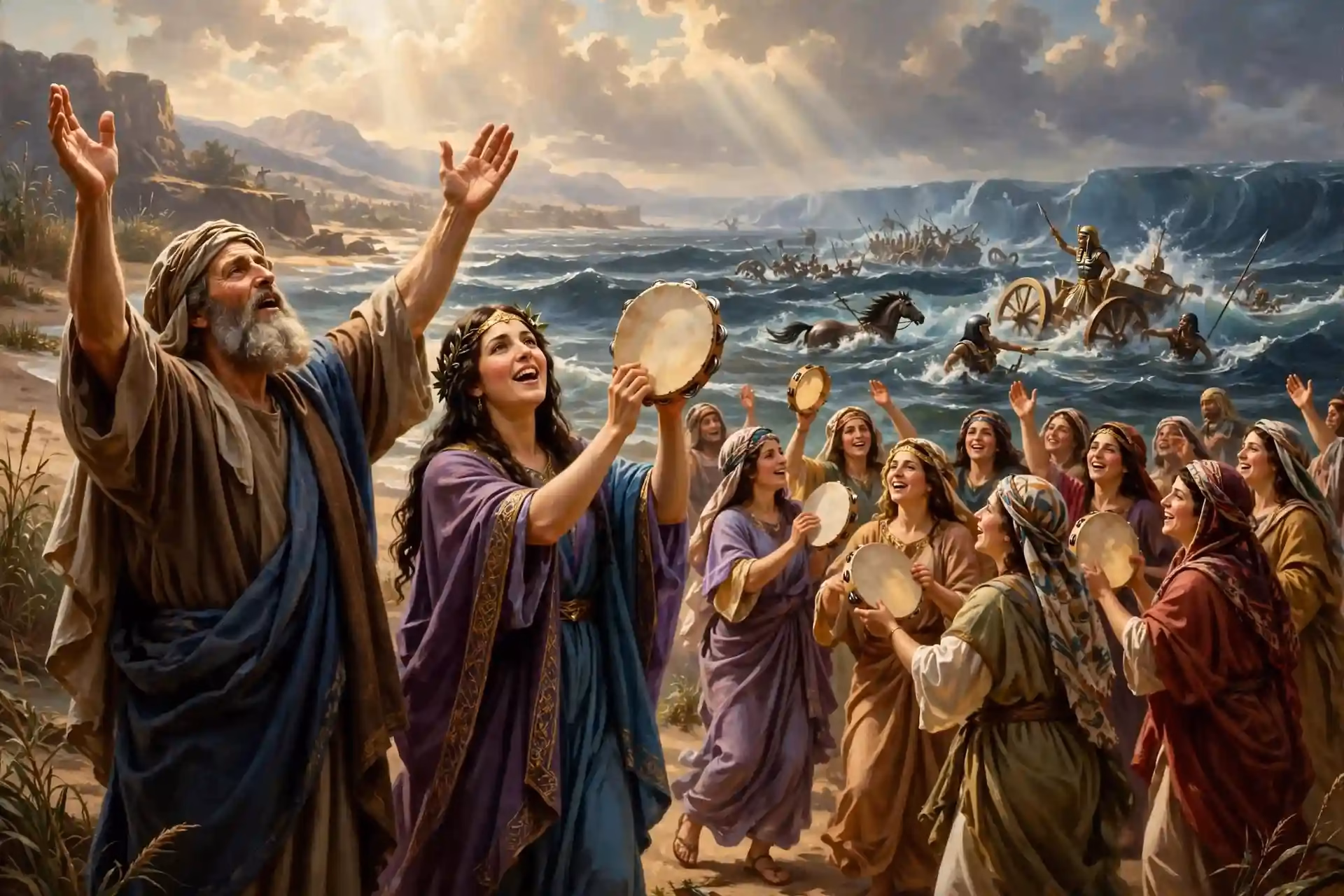 Moisés y María celebrando después del cruce del Mar Rojo, María con pandero y mujeres danzando, cantando que Jehová echó al mar al caballo y al jinete según Éxodo 15:1
