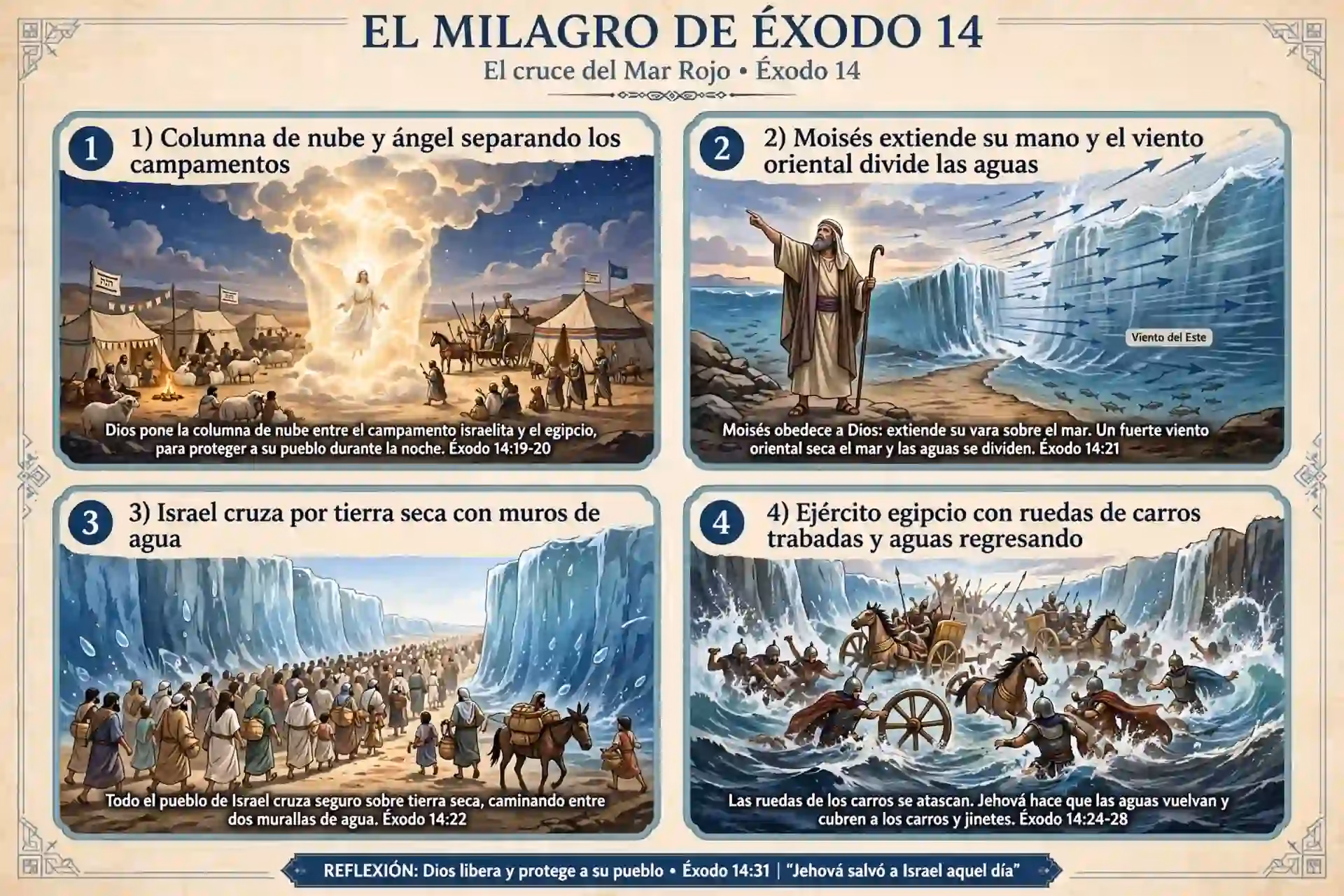 Infografía de 4 paneles de Éxodo 14: columna de nube separando campamentos, viento oriental dividiendo las aguas, Israel cruzando por tierra seca y ejército egipcio con ruedas trabadas y aguas regresando