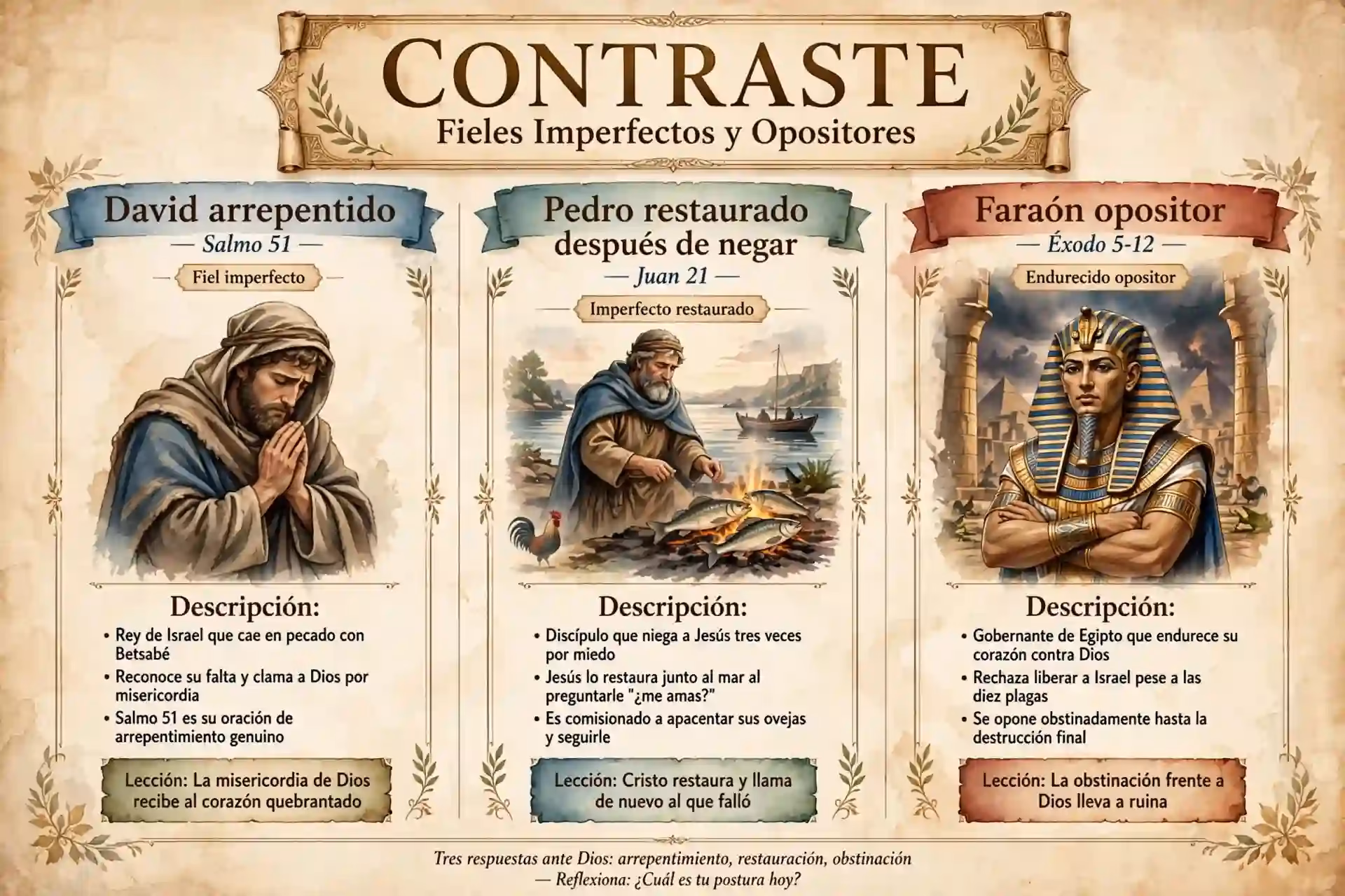 Tríptico en español contrastando fieles imperfectos David y Pedro con opositor Faraón