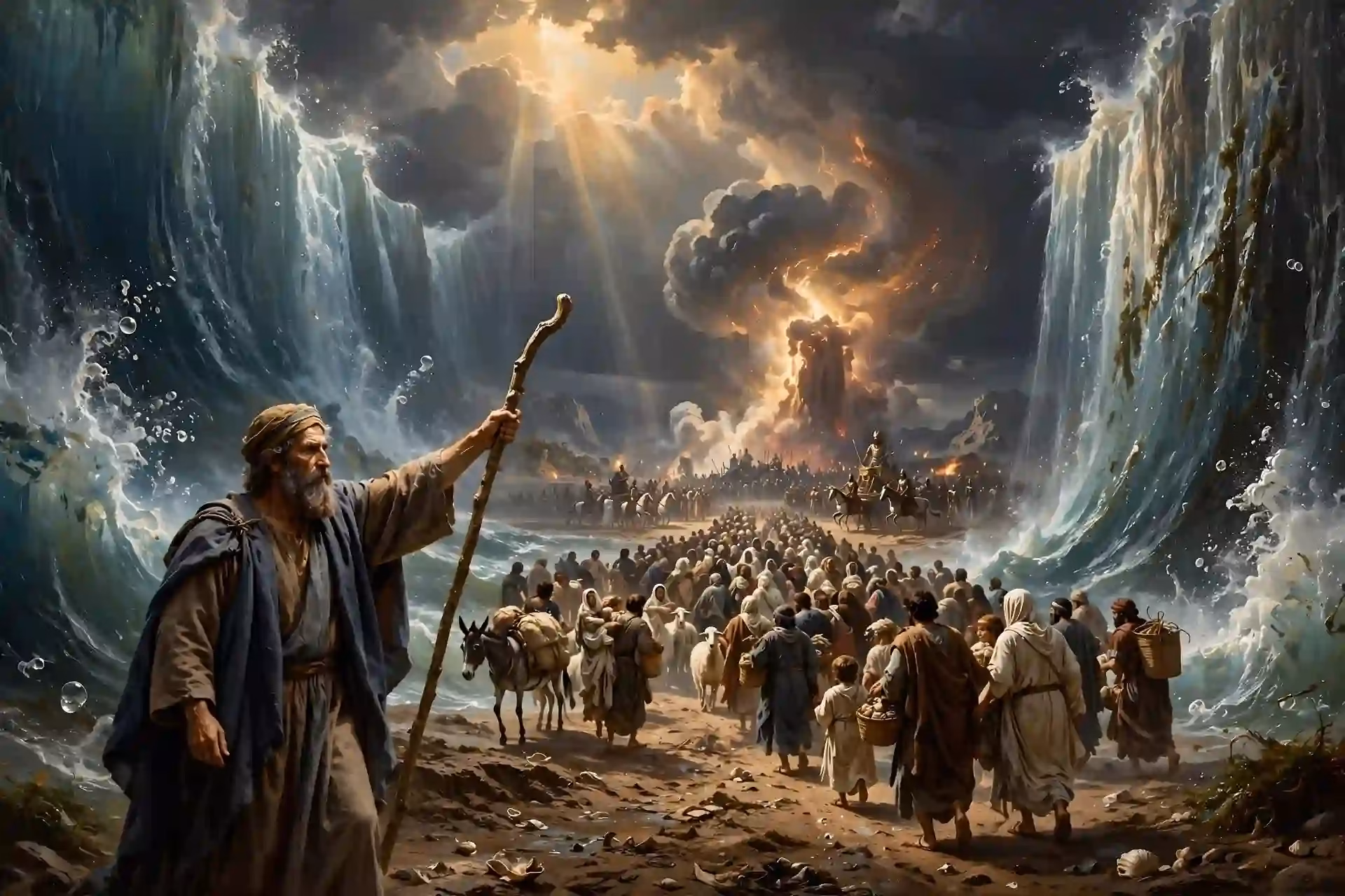 Moisés extendiendo su mano sobre el Mar Rojo mientras Dios abre un camino seco entre muros de agua y el pueblo de Israel cruza, con la columna de nube y fuego detrás