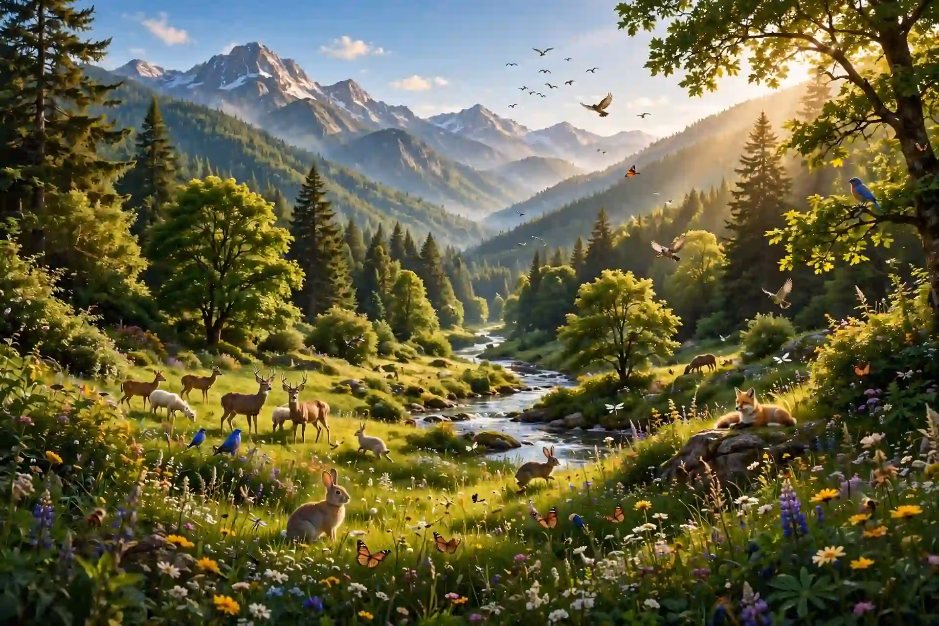 Paisaje de la creación declarada buena en gran manera en Génesis 1:31, naturaleza armoniosa con animales, montañas y luz del amanecer
