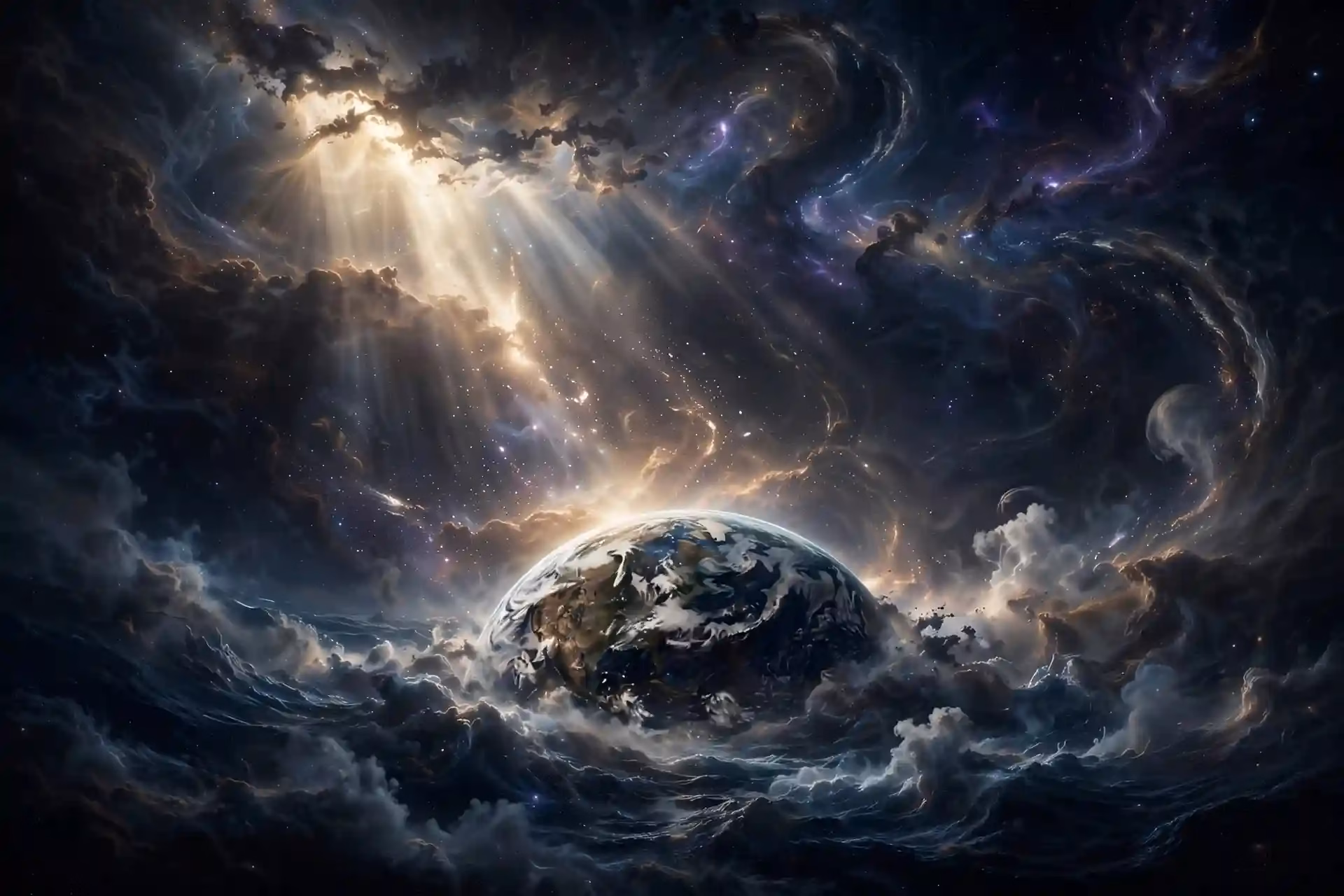 Representación de Dios como Creador soberano del universo en Génesis 1:1, la Tierra iluminada por luz divina entre cosmos y nebulosas