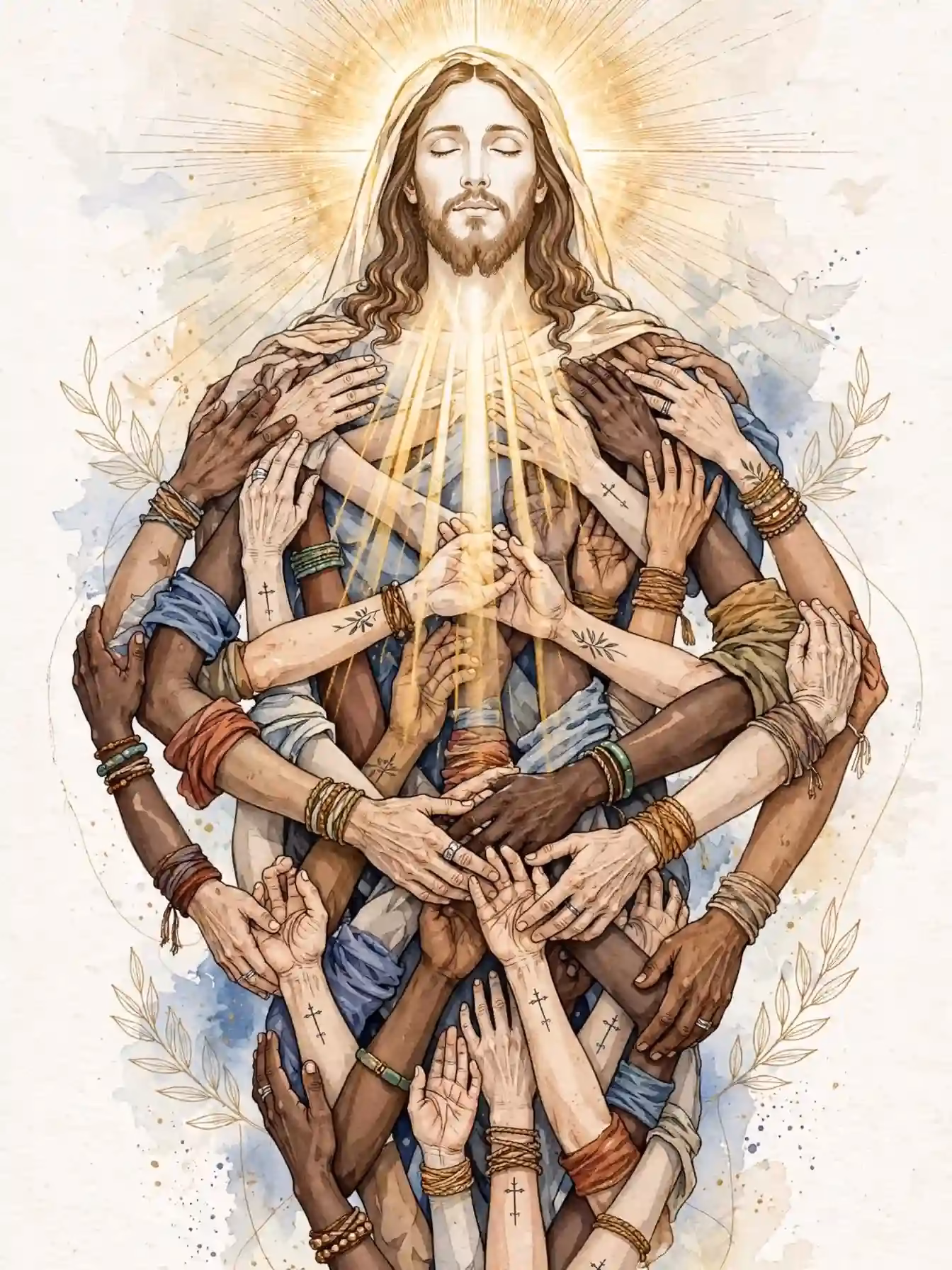 Cristo como cabeza con muchas manos diversas entrelazadas formando un solo cuerpo - 1 Corintios 12:12