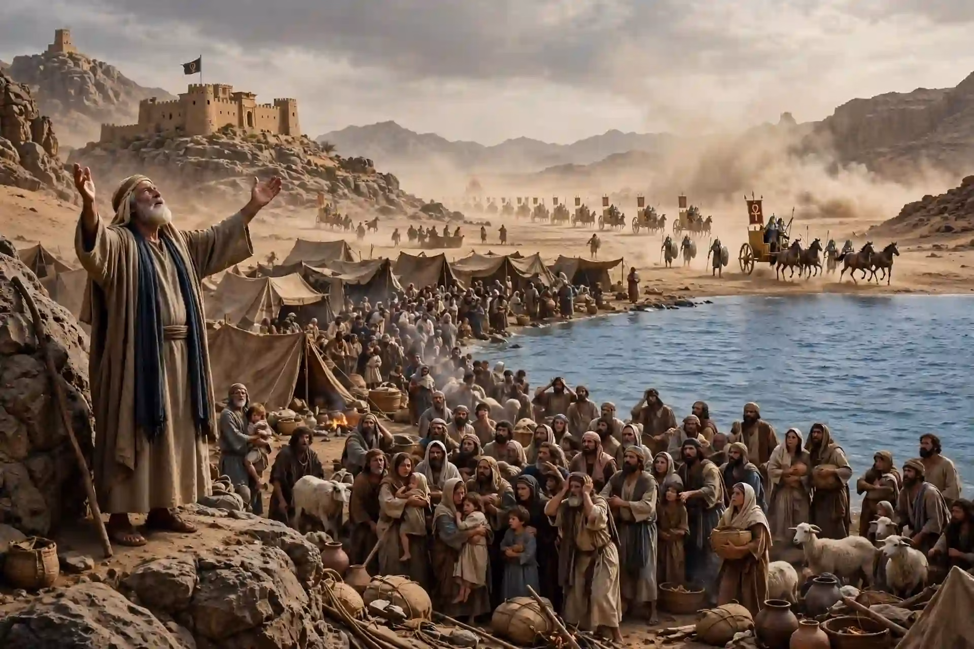 Israel acampado junto al mar en Pi-hahirot entre Migdol y Baal-zefón, con el mar delante y los carros de Faraón avanzando detrás, Moisés clamando a Jehová mientras el pueblo siente temor