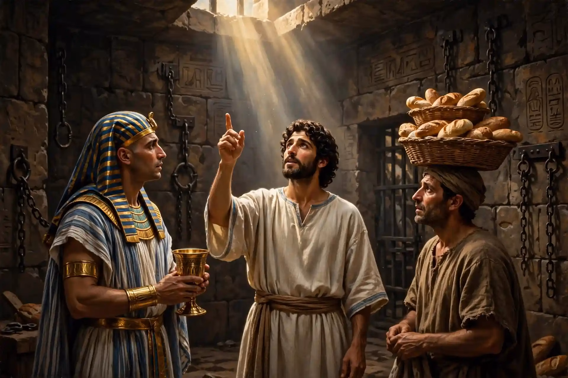 José en prisión egipcia explicando con humildad que las interpretaciones son de Dios a dos prisioneros, el copero del faraón con copa y el panadero con cestas de pan, rayo de luz entrando por ventana simbolizando presencia divina.