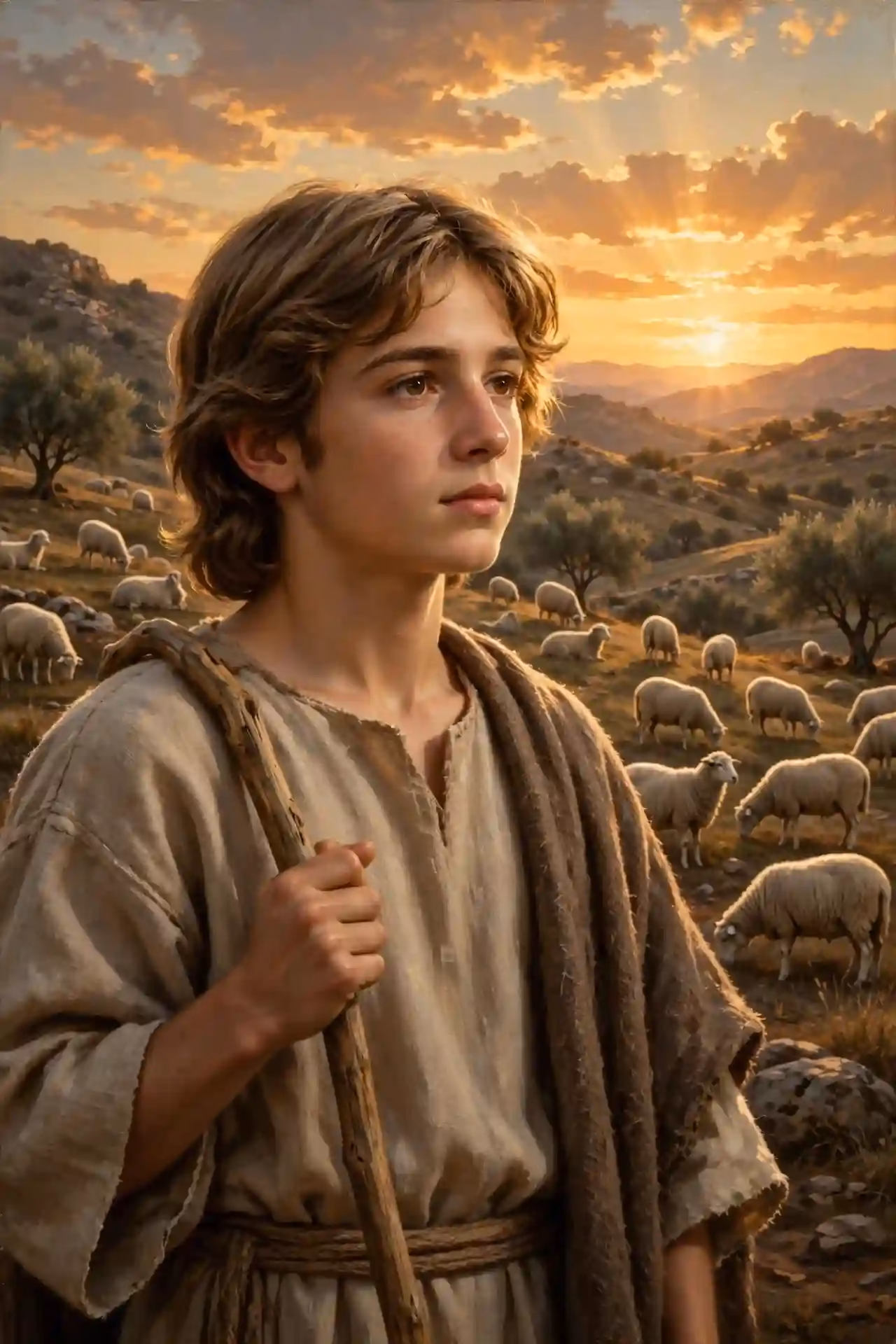 José joven de 17 años, hijo de Jacob y Raquel, pastoreando ovejas en Canaán al atardecer con túnica sencilla y mirada noble, estilo pintura bíblica reverente.