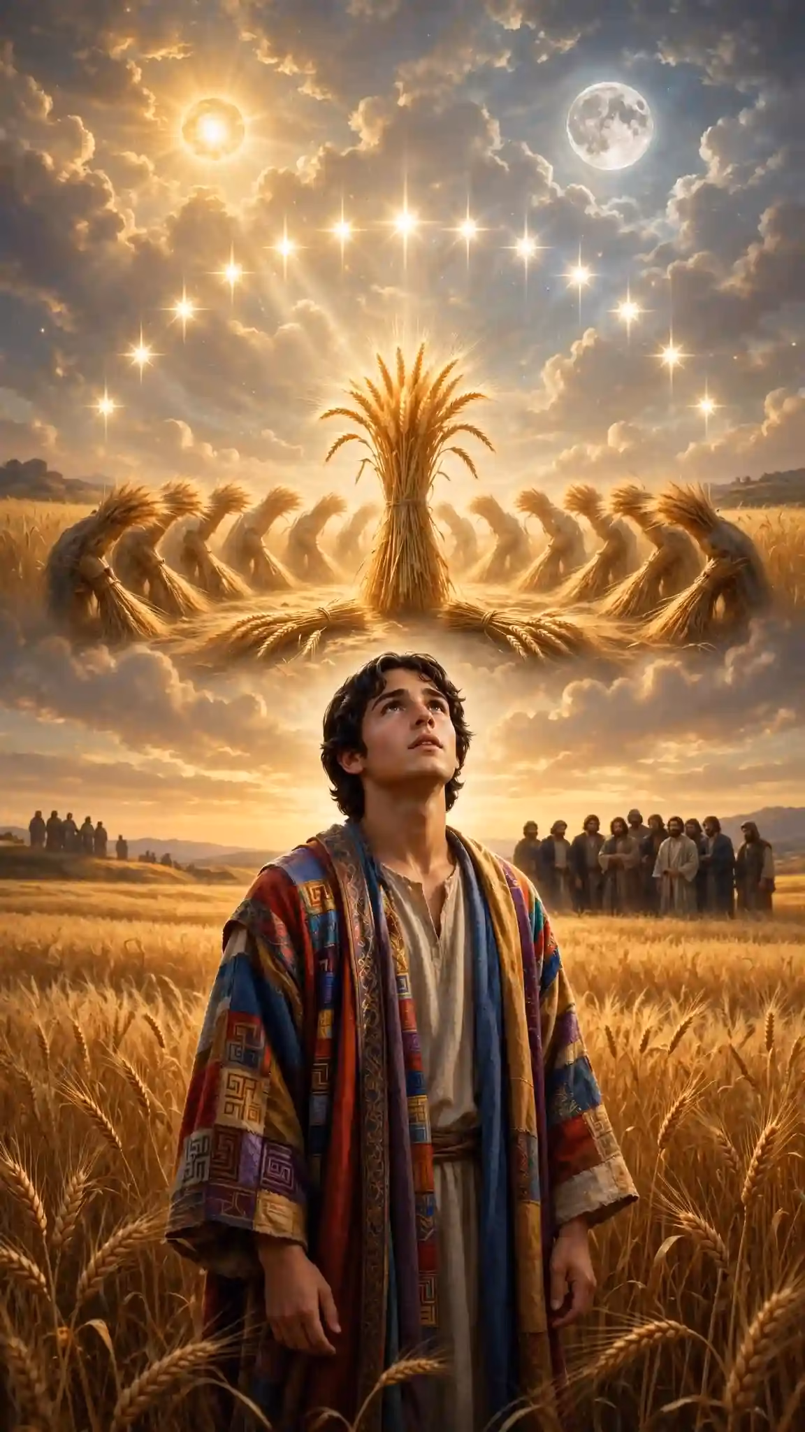 José con túnica de diversos colores en campo de trigo teniendo la visión profética de manojos inclinándose ante él, y en el cielo sol, luna y once estrellas inclinándose, con sus hermanos al fondo envidiosos, ilustración bíblica épica.