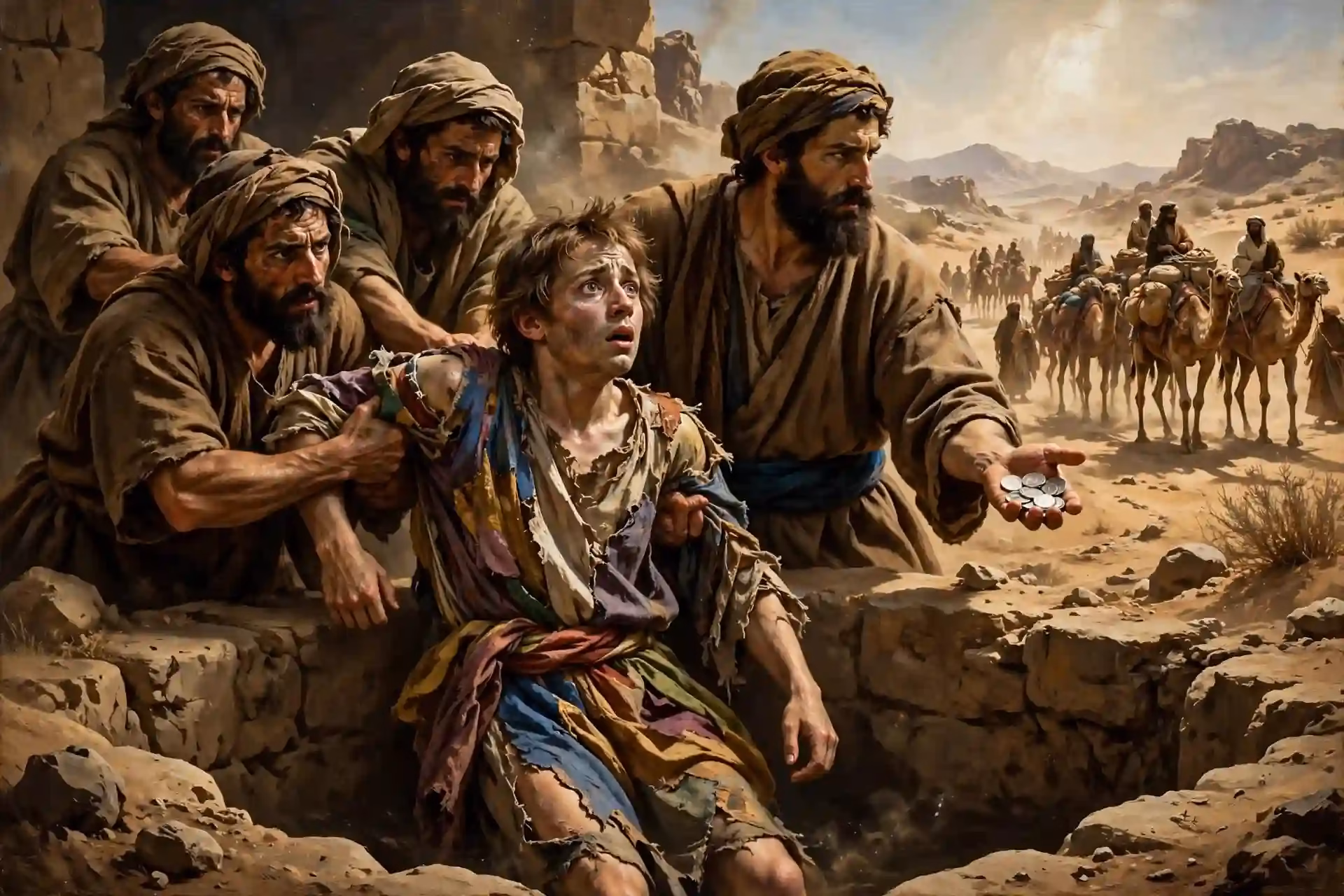 José siendo sacado de una cisterna vacía en el desierto por sus hermanos, Judá sosteniendo veinte piezas de plata y caravana de ismaelitas con camellos rumbo a Egipto al fondo, escena dramática bíblica.