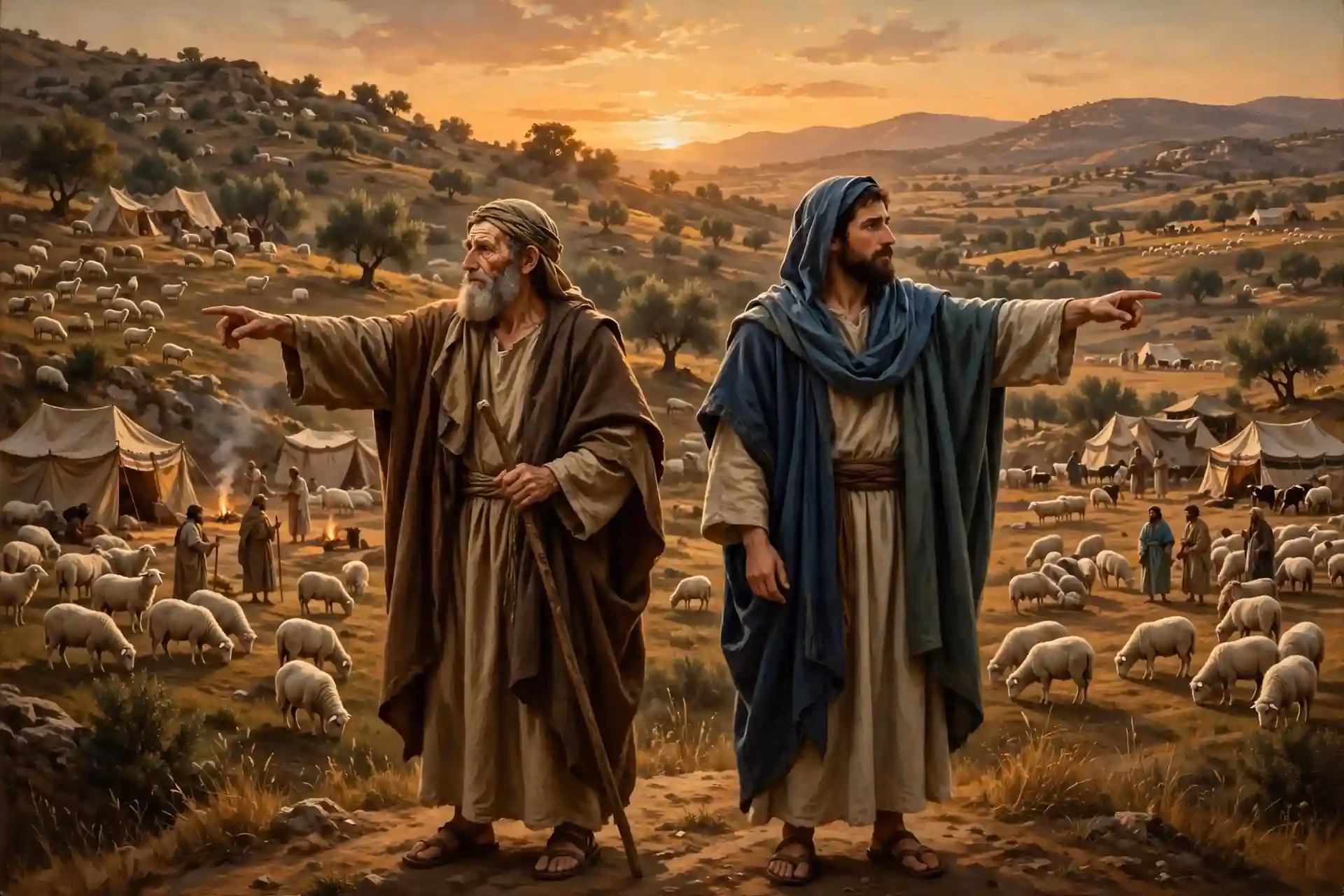 Pintura clásica de la separación bíblica de Abraham y Lot en las colinas de Canaán al atardecer. Abraham, un anciano de barba blanca con túnica marrón y bastón, señala hacia la izquierda, mientras Lot, más joven con manto azul, señala hacia la derecha. A su alrededor se extienden rebaños de ovejas blancas, pastores y tiendas de campaña en un valle dorado con olivos y puesta de sol al fondo.