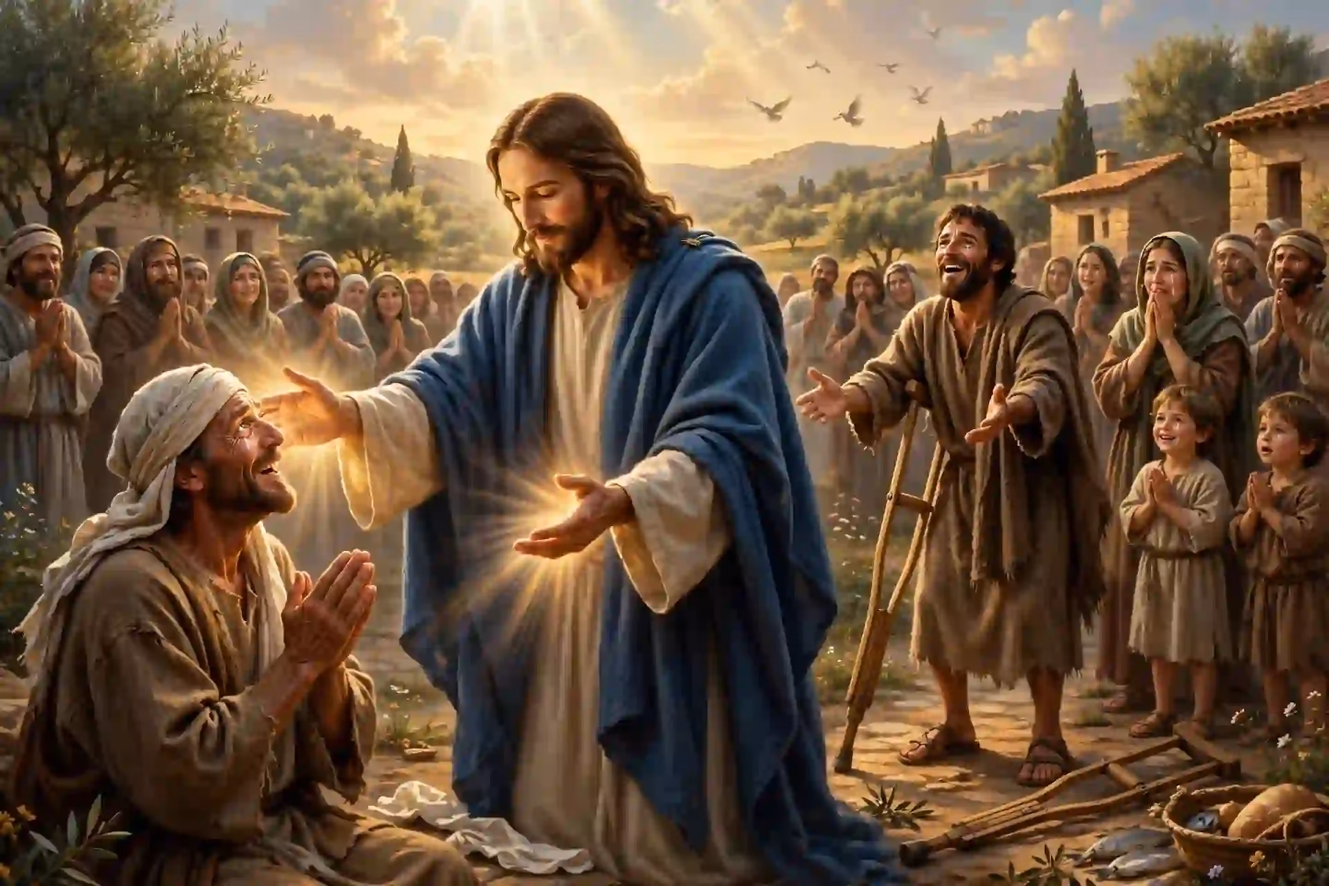 Jesús realizando milagros y sanando enfermos mostrando compasión y autoridad