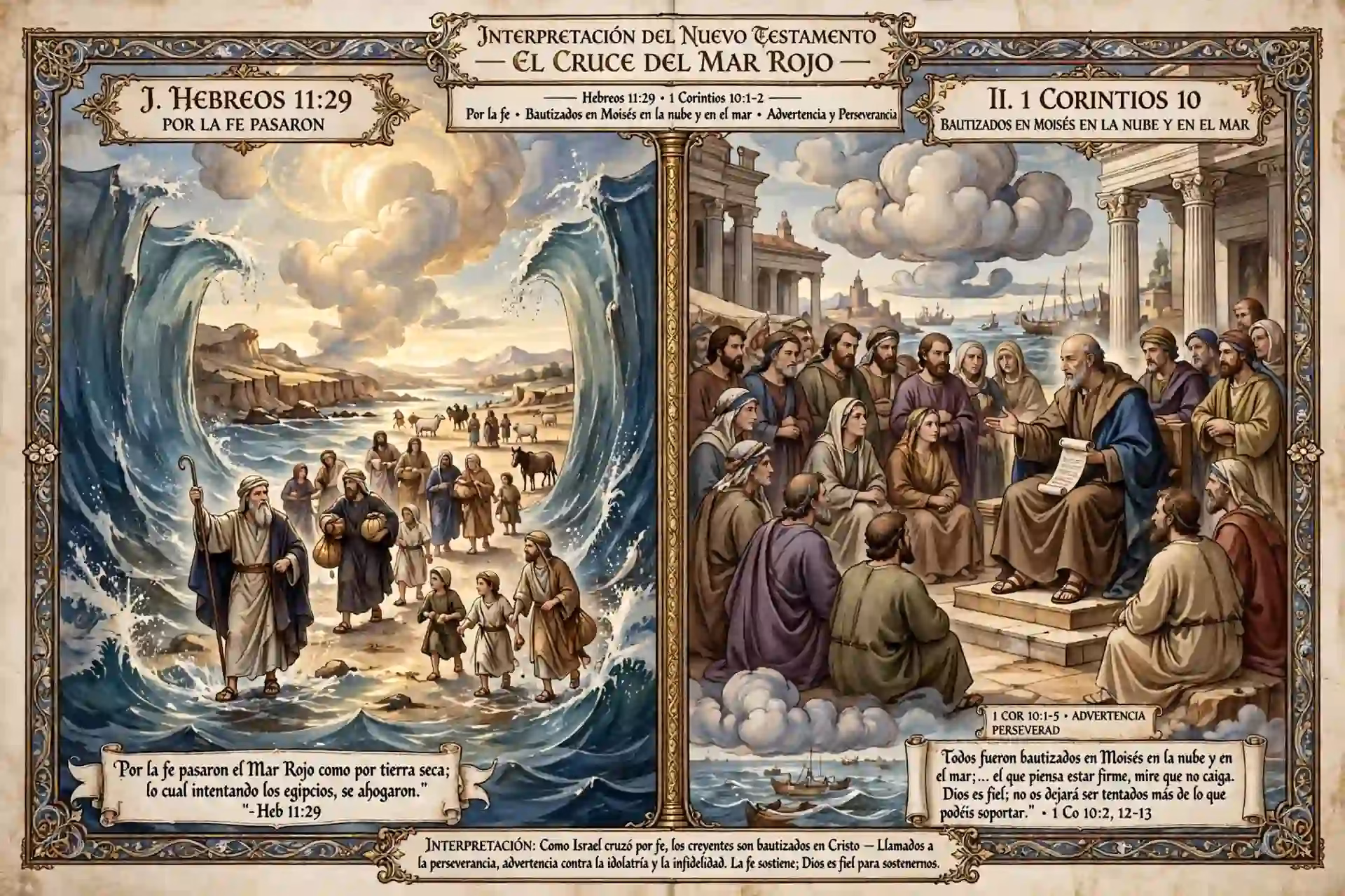 Ilustración teológica de Hebreos 11:29 por la fe pasaron el Mar Rojo y 1 Corintios 10:1-5 bautizados en Moisés en la nube y en el mar, mostrando fe obediente y advertencia contra la incredulidad