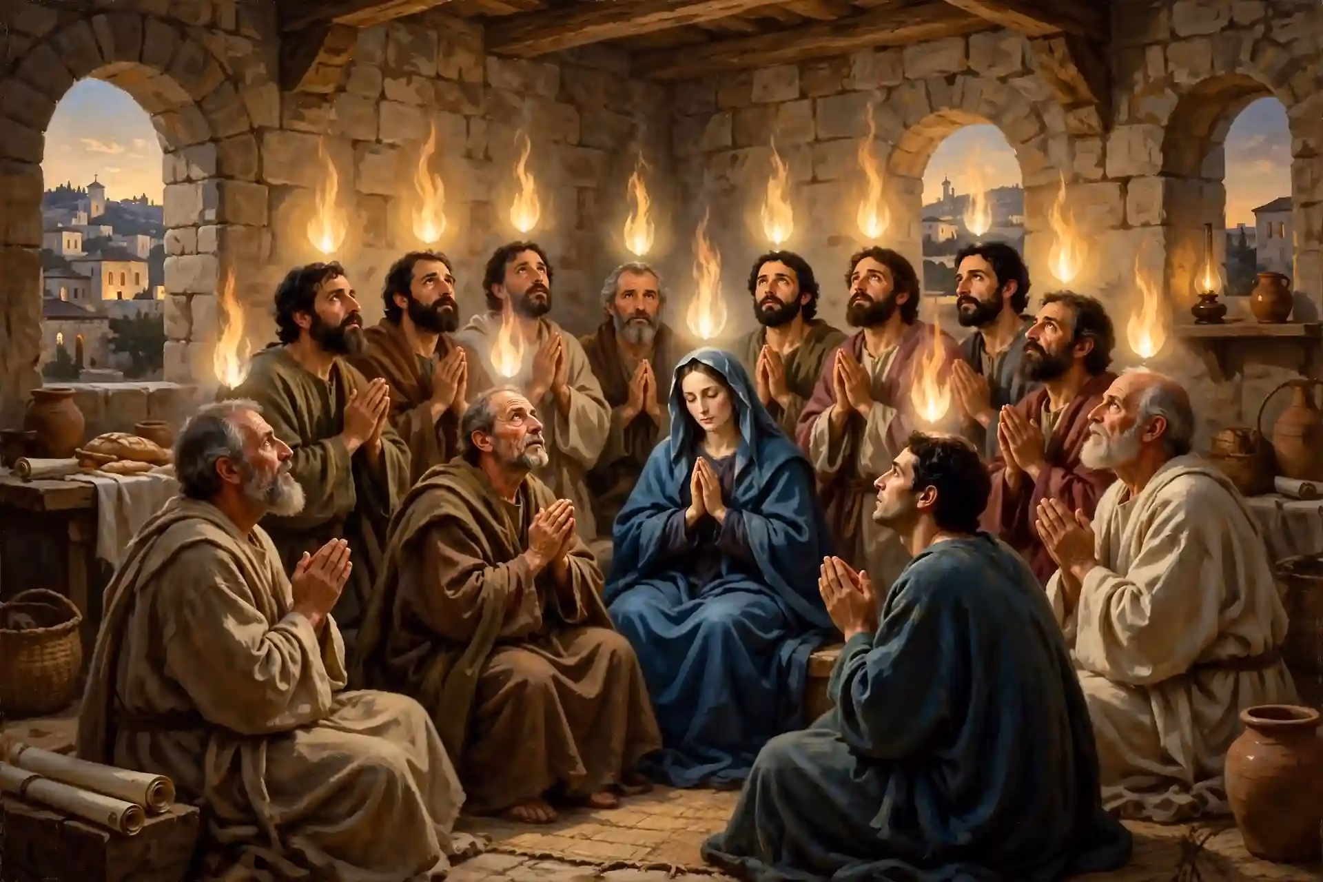 Día de Pentecostés en Jerusalén con discípulos reunidos y lenguas de fuego simbolizando el Espíritu Santo