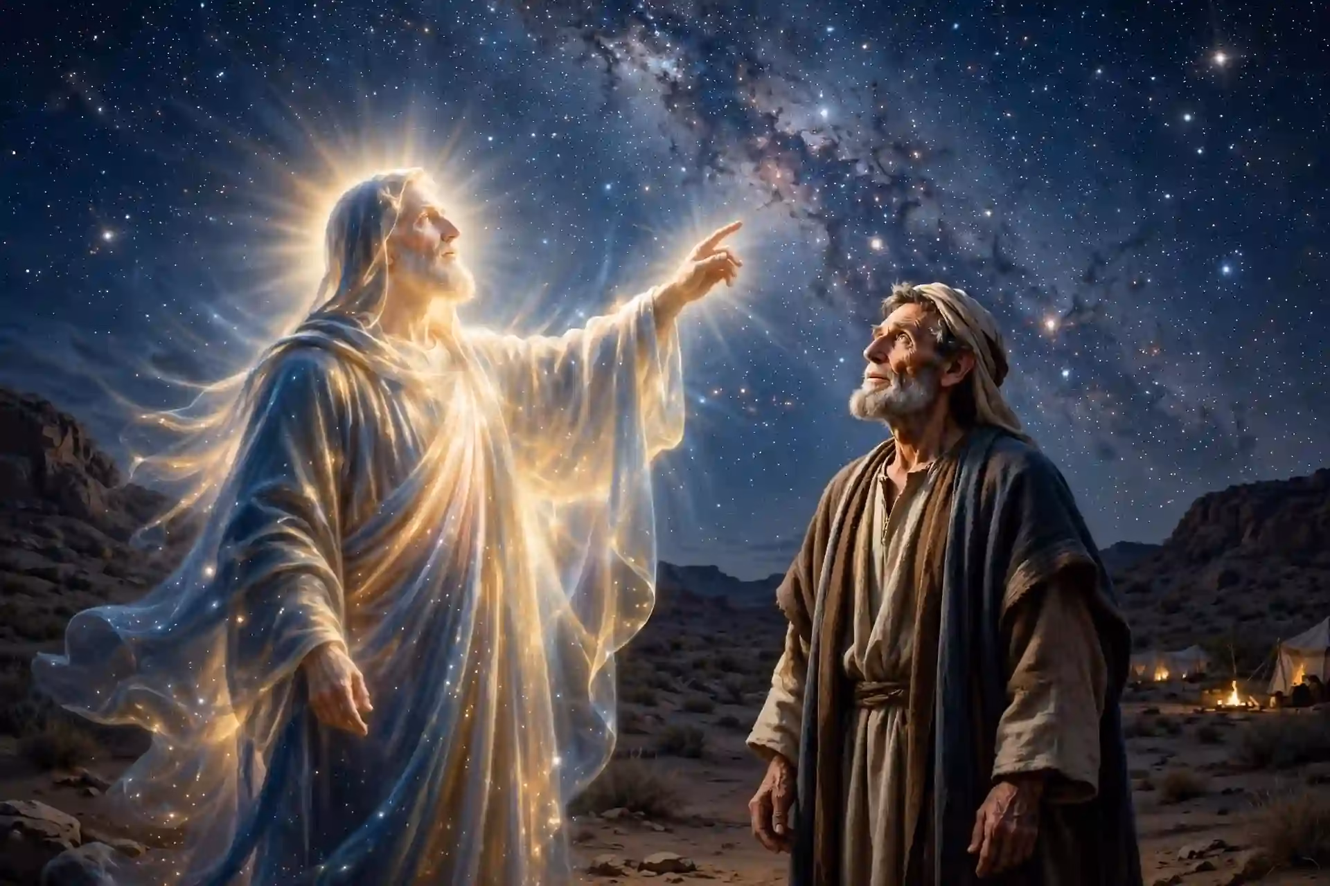 Dios muestra a Abraham el cielo estrellado de noche prometiendo que su descendencia será numerosa como las estrellas, Génesis 15