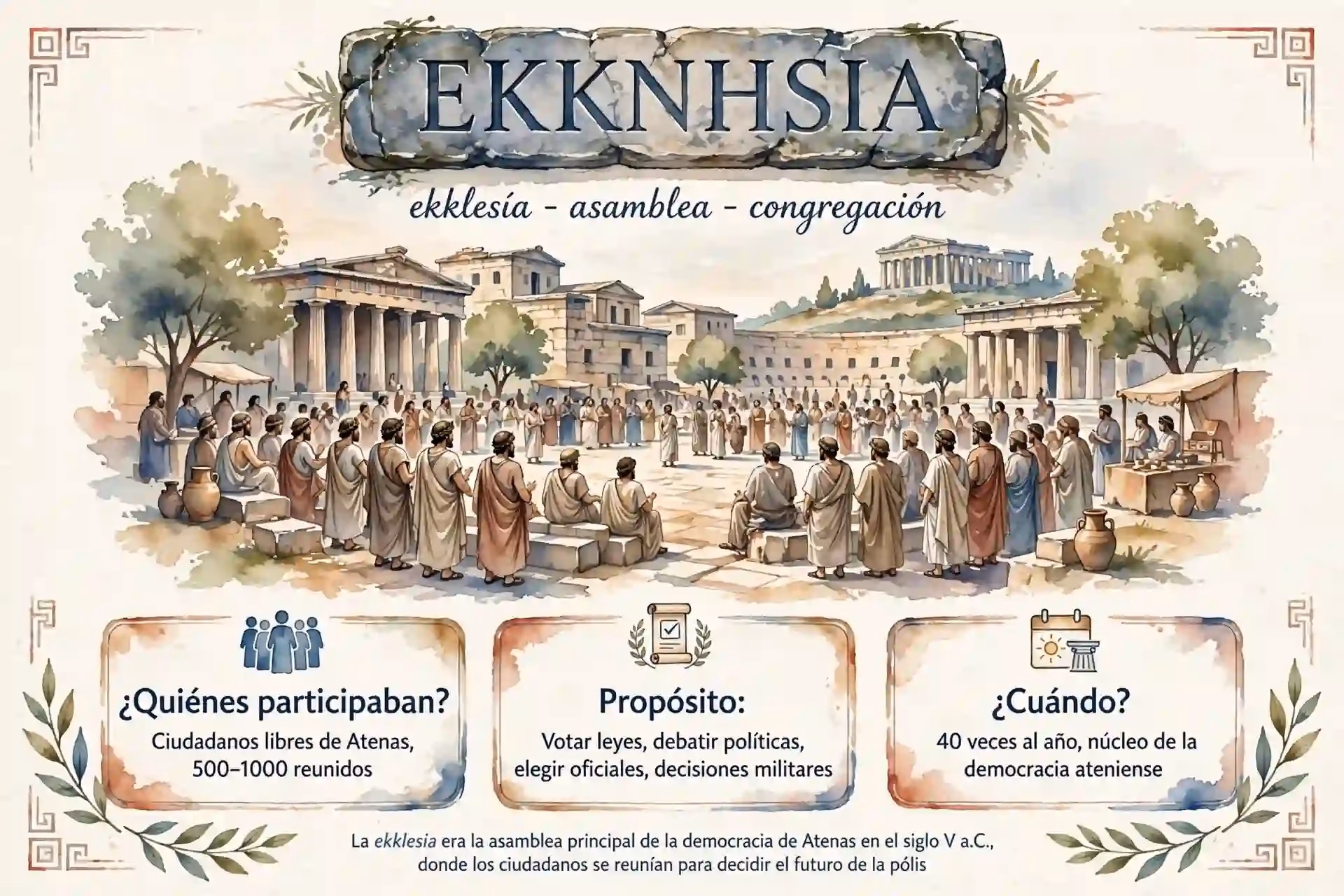 Palabra griega ekklesia escrita en piedra sobre asamblea ciudadana en el ágora griega