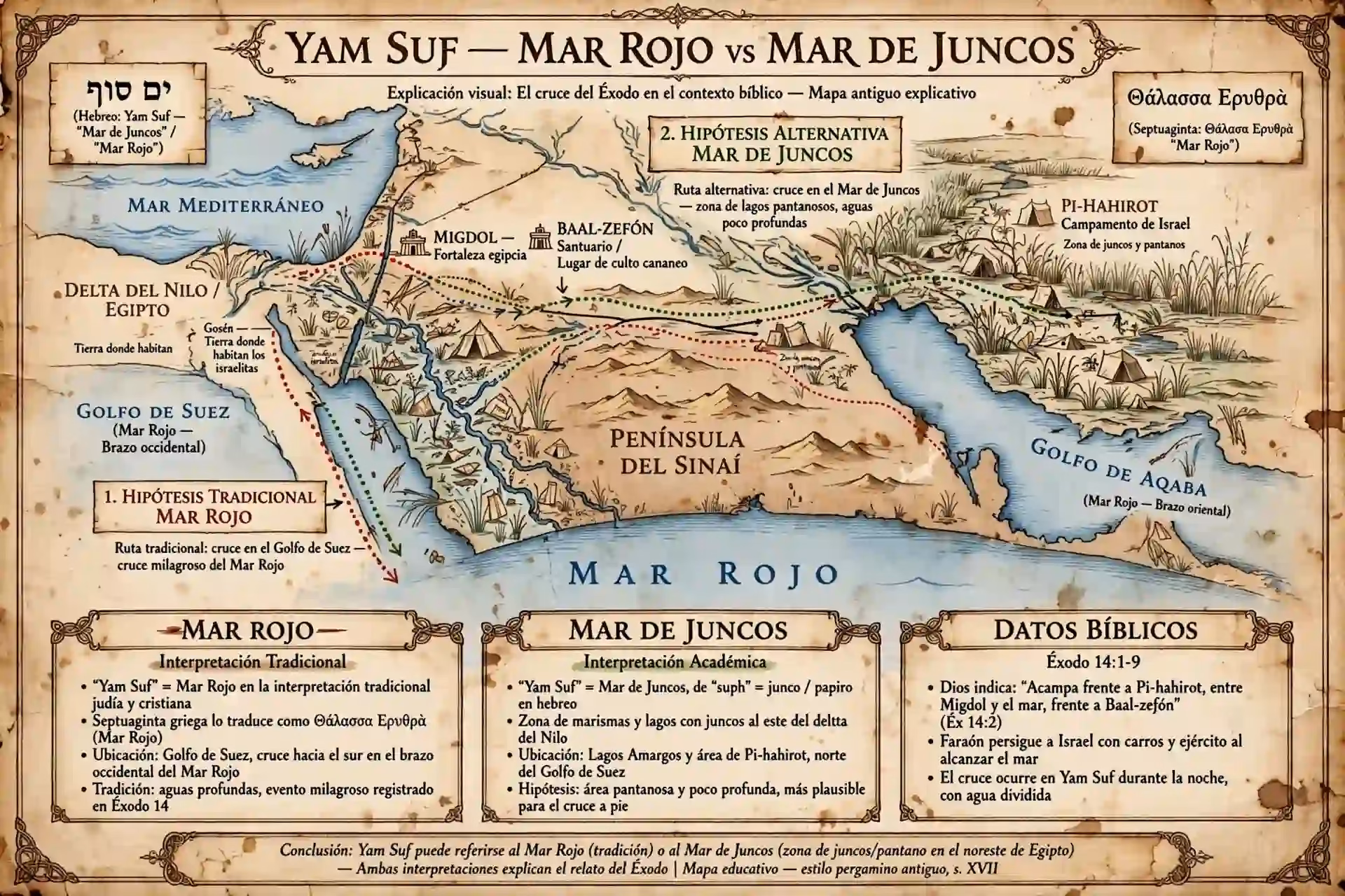 Mapa bíblico estilo pergamino antiguo explicando Yam Suf, con inscripción hebrea ים סוף, ubicación de Pi-hahirot, Migdol, Baal-zefón, golfo de Suez y golfo de Aqaba, y referencia a la Septuaginta