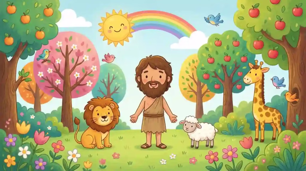 Adán rodeado de la creación, con árboles, flores y animales en un ambiente acogedor.