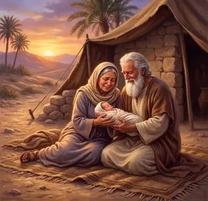 Abraham y Sara con el bebé Isaac el hijo de la promesa en escena biblica
