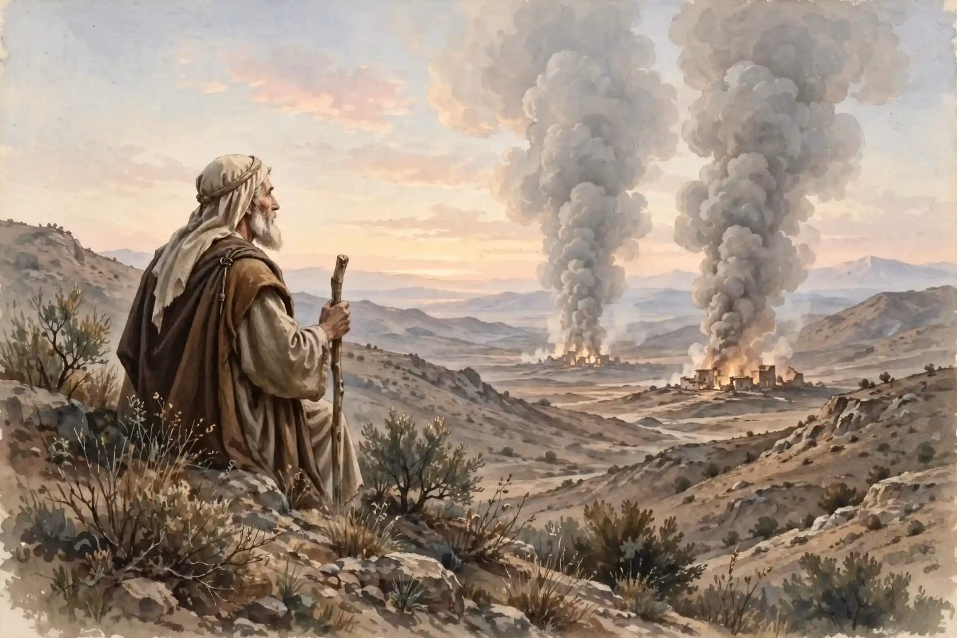 Abraham desde una colina lejana contemplando el humo que subía de Sodoma y Gomorra como humo de un horno