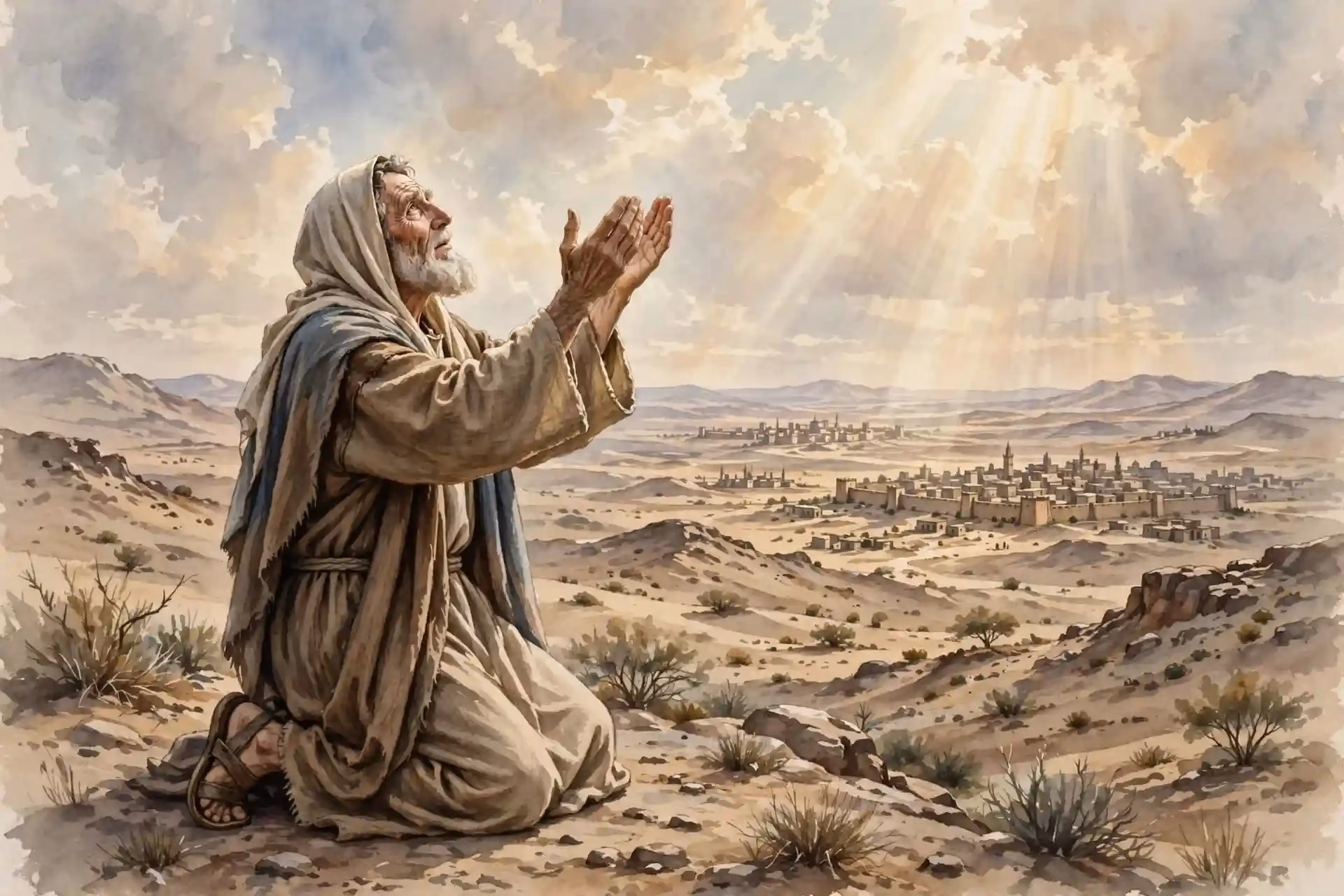 Abraham intercediendo de rodillas ante Dios preguntando si destruirá al justo con el impío, Juez de toda la tierra