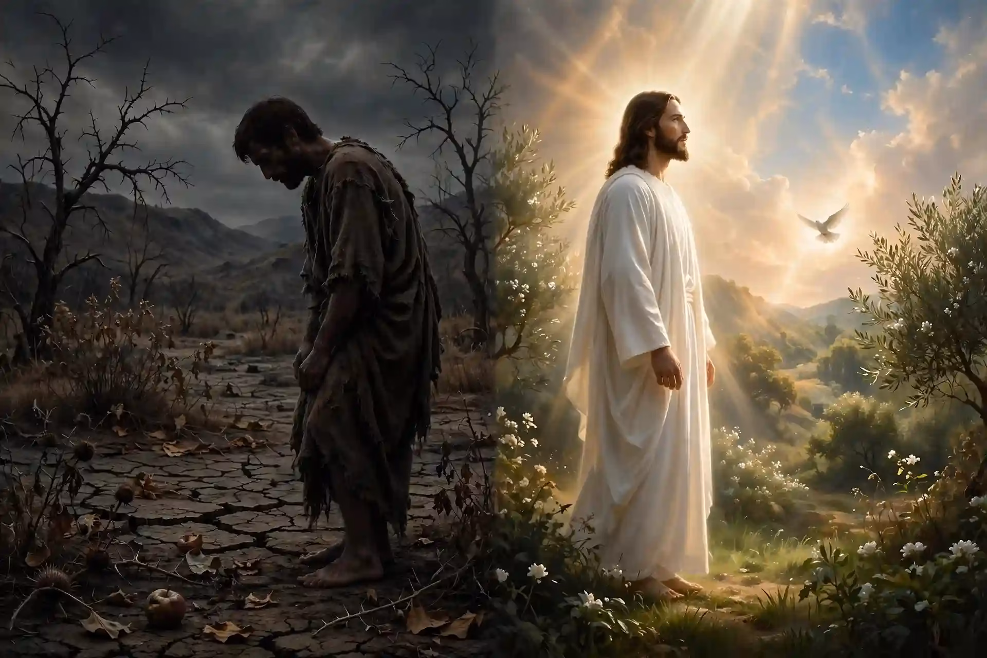 Contraste entre Adán cabizbajo en sombra y Jesucristo luminoso con túnica blanca, representando la desobediencia y la obediencia perfecta.