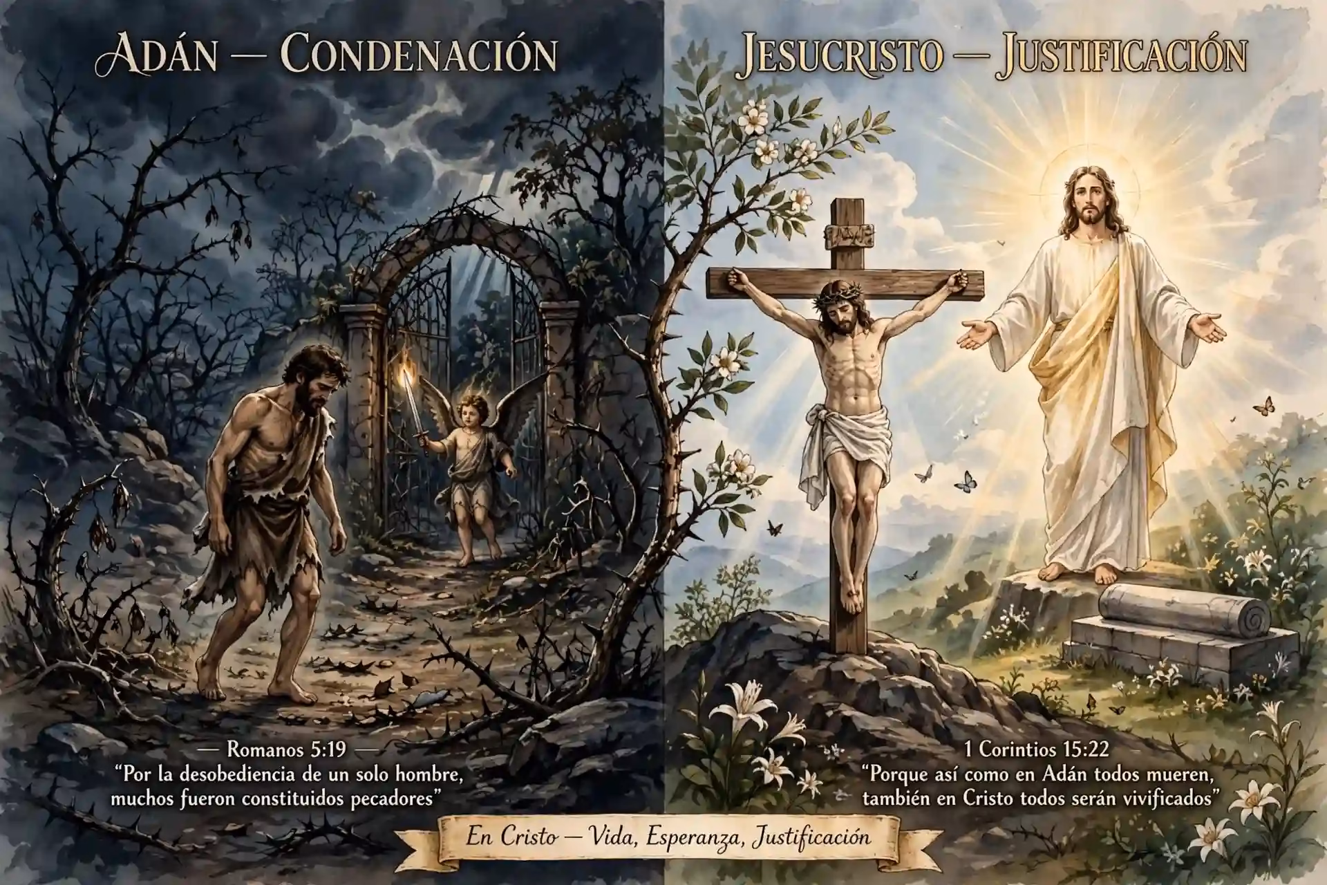 División visual entre Adán expulsado en lado oscuro y Jesucristo en luz ofreciendo justificación y vida según Romanos 5 y 1 Corintios 15.