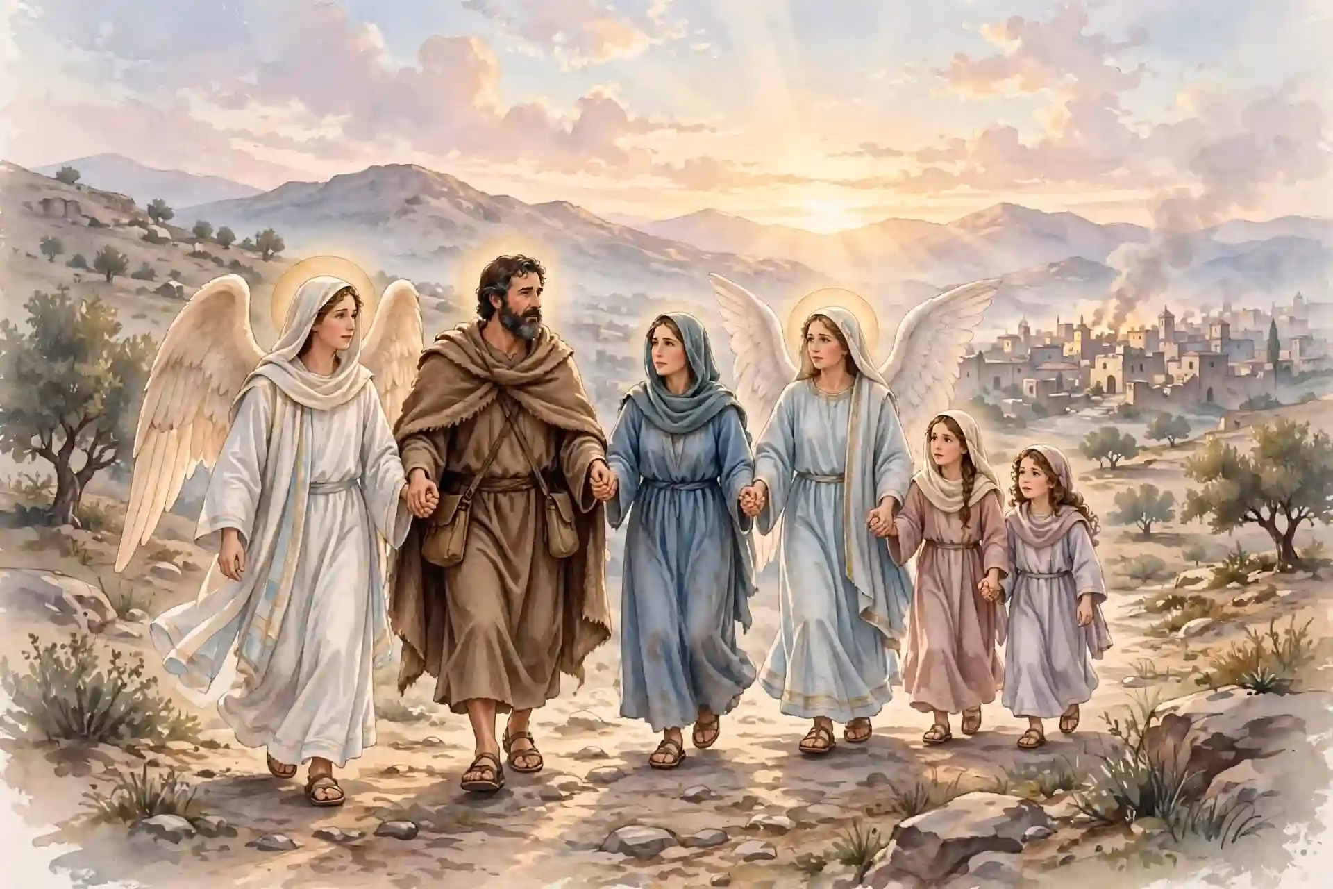 Ángeles tomando de la mano a Lot, su esposa y sus dos hijas para sacarlos de Sodoma al amanecer según la misericordia de Jehová