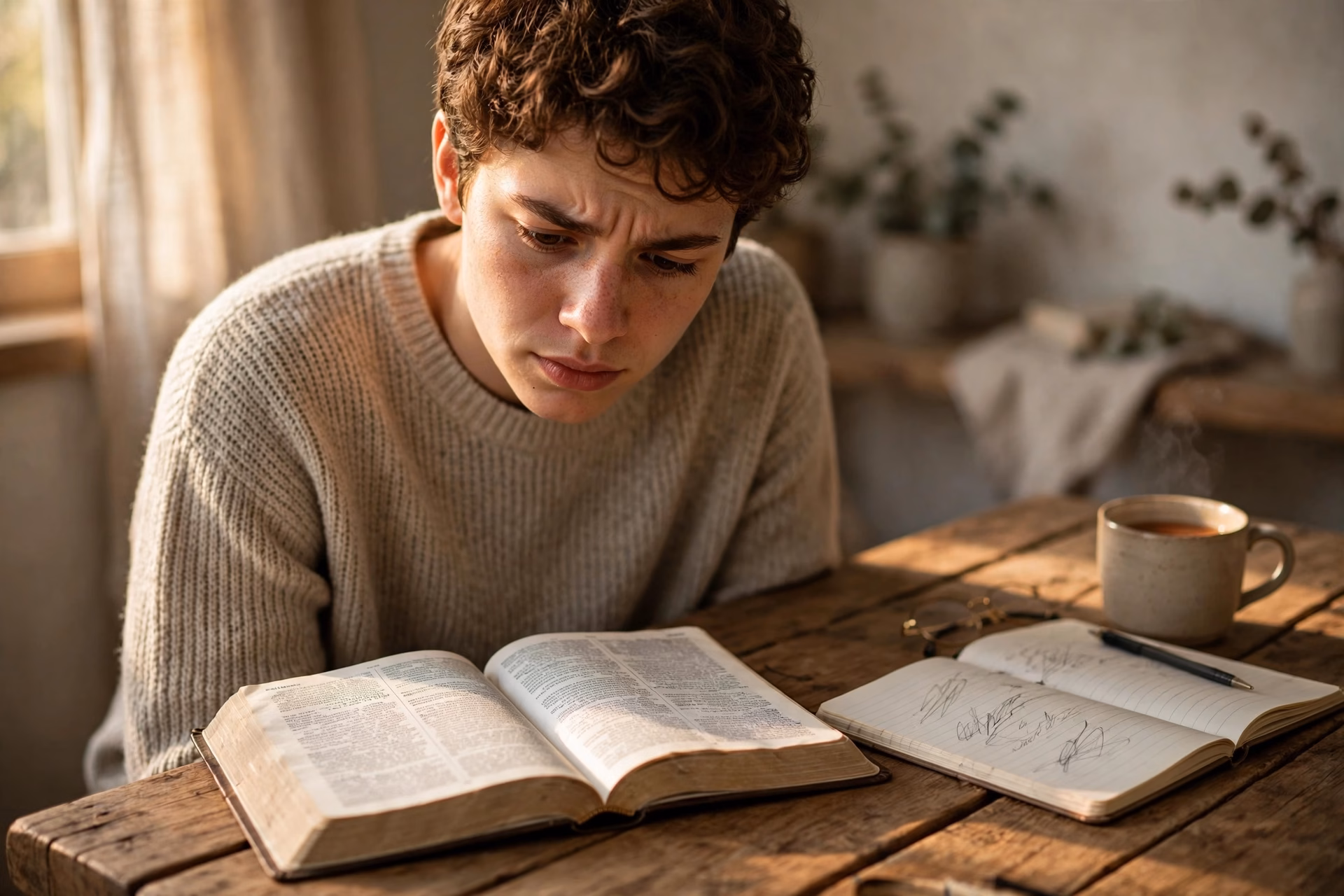 Joven estudiando la Biblia con cuaderno y taza de té, representando la búsqueda honesta de respuestas ante aparentes contradicciones bíblicas
