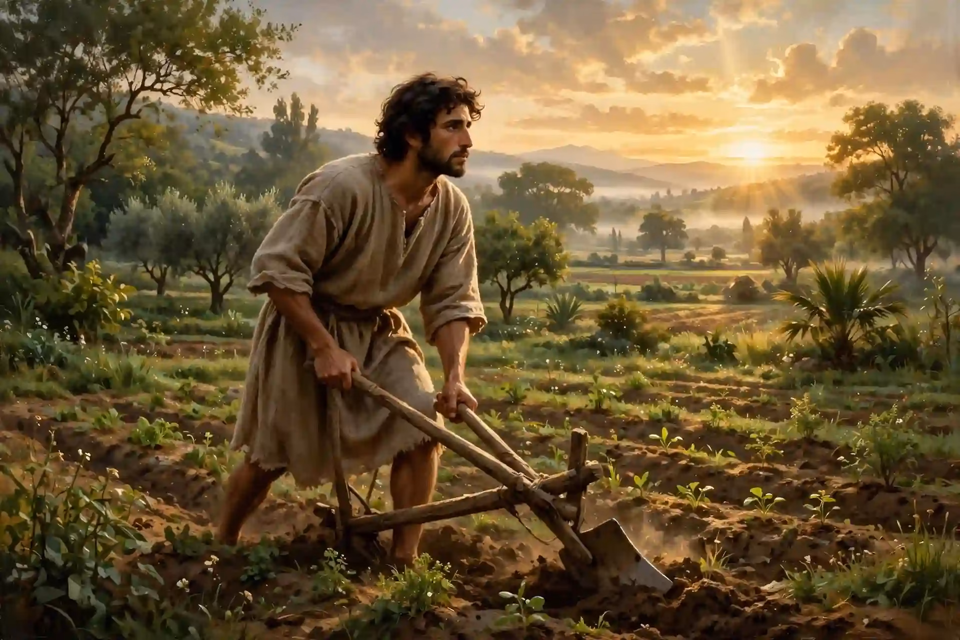 Caín, primer hijo de Adán y Eva, trabajando la tierra como agricultor al amanecer cerca del Edén