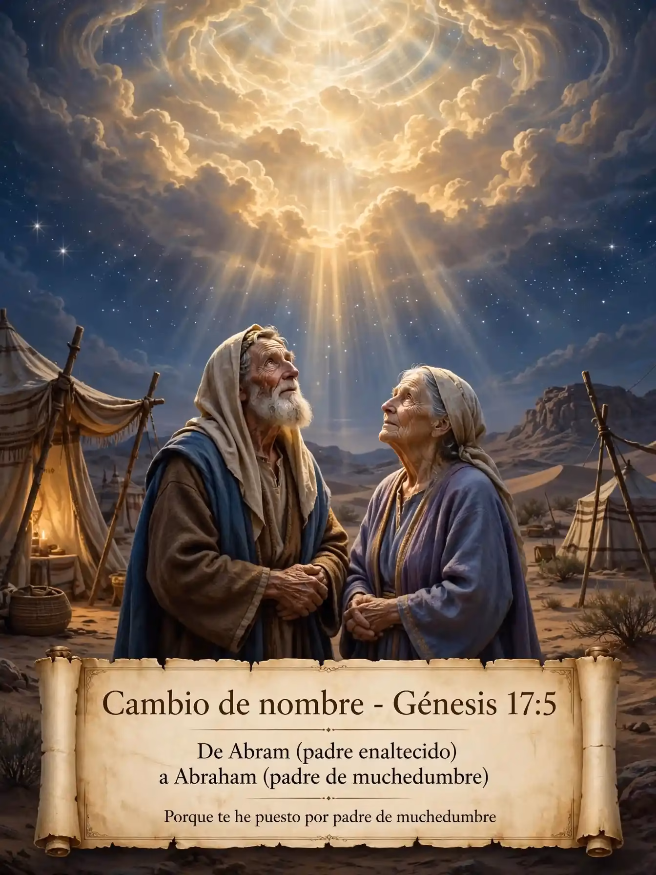 Abraham de 99 años y Sara de 90 bajo luz divina, infografía con texto Cambio de nombre Génesis 17:5 de Abram padre enaltecido a Abraham padre de muchedumbre porque te he puesto por padre de muchedumbre.