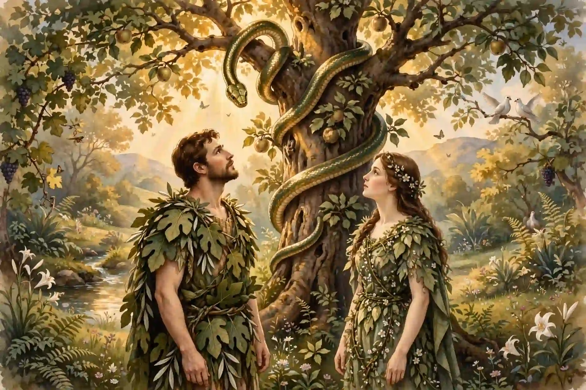 Adán y Eva en el jardín del Edén junto al árbol del conocimiento del bien y del mal con la serpiente, antes de la caída