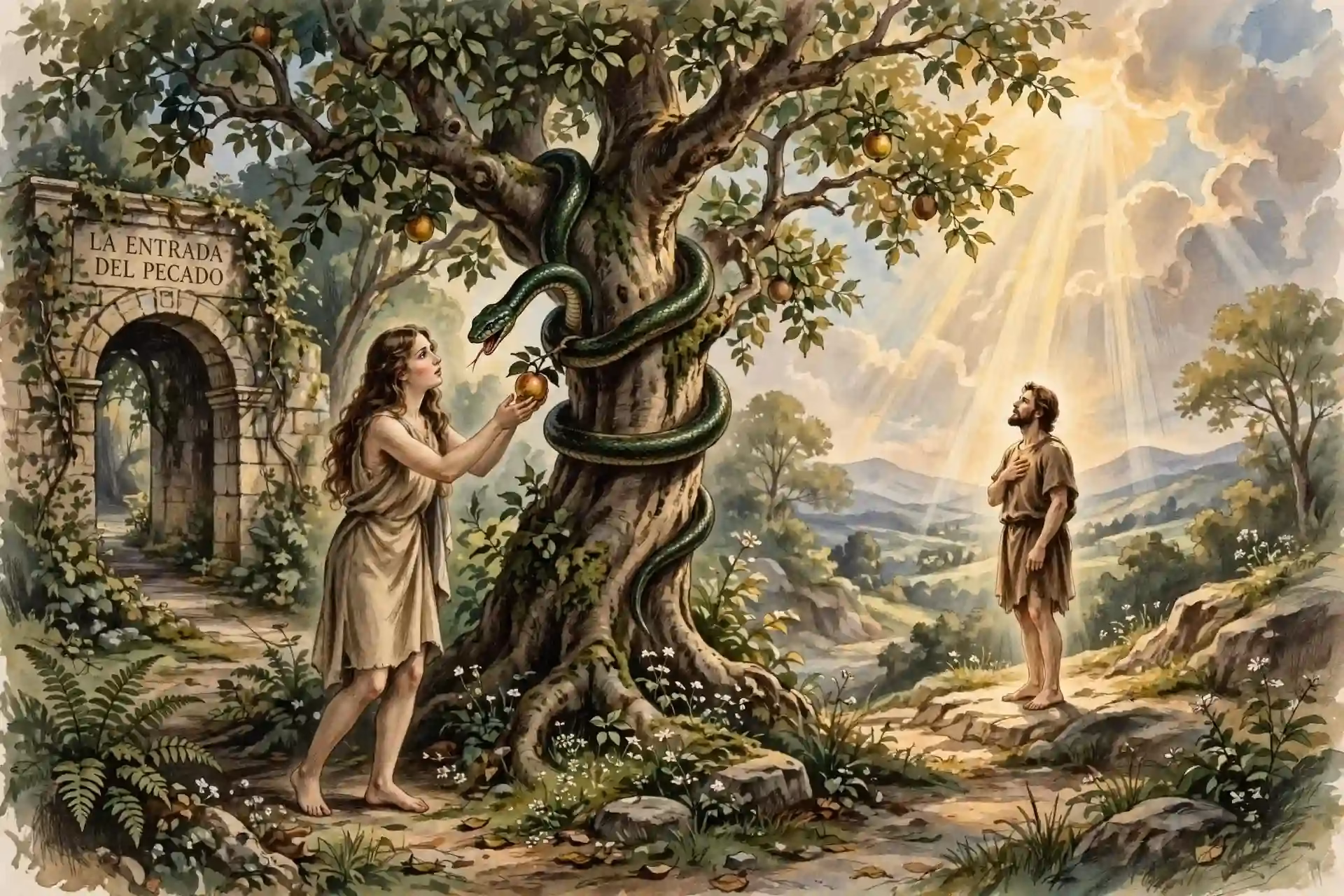 Eva frente al árbol del conocimiento con la serpiente enroscada ofreciendo el fruto, y Adán al fondo bajo luz divina, representando la tentación y la decisión.
