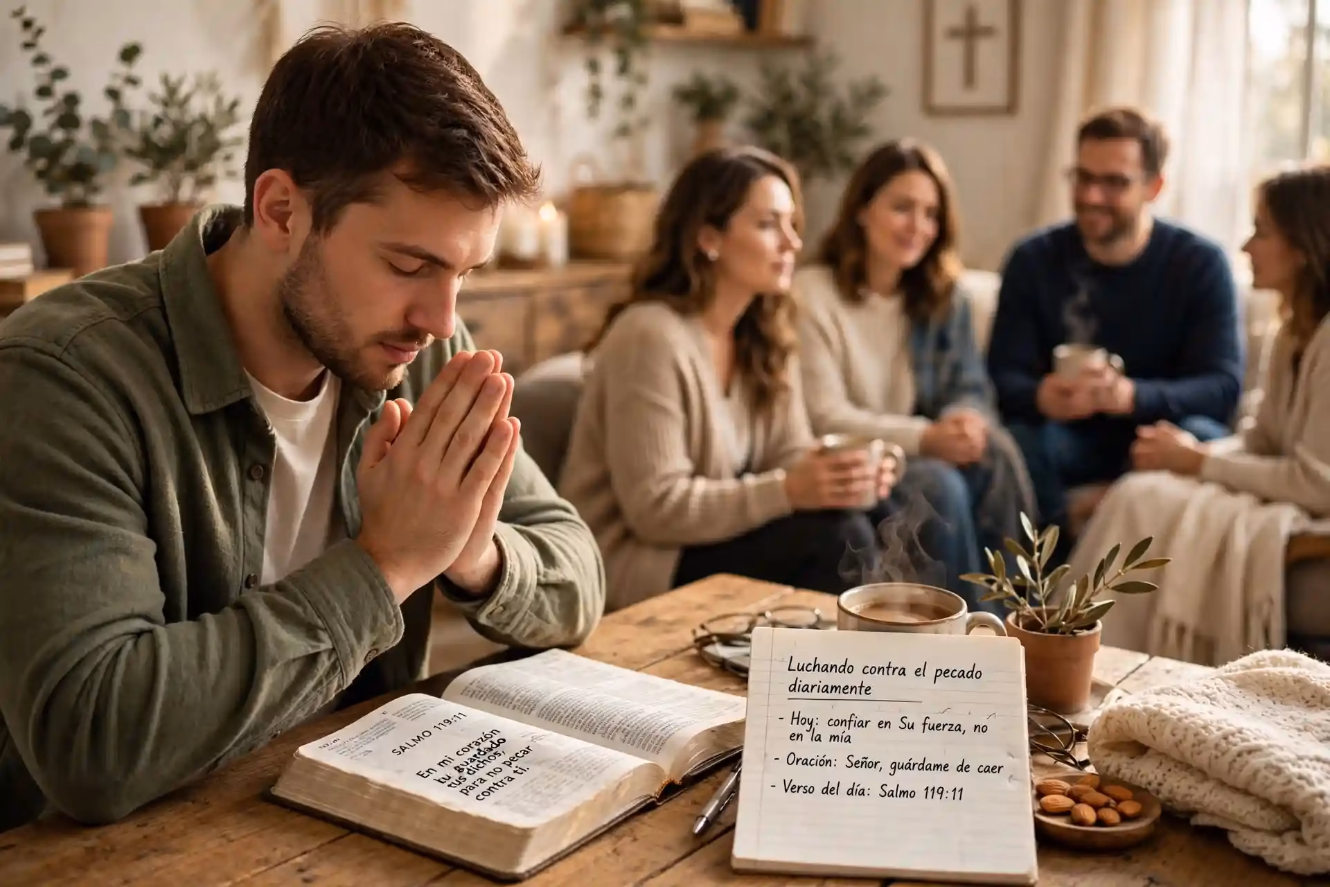 Joven cristiano orando con Biblia abierta en Salmo 119:11, luchando contra el pecado diariamente con la Palabra y la oración en comunidad