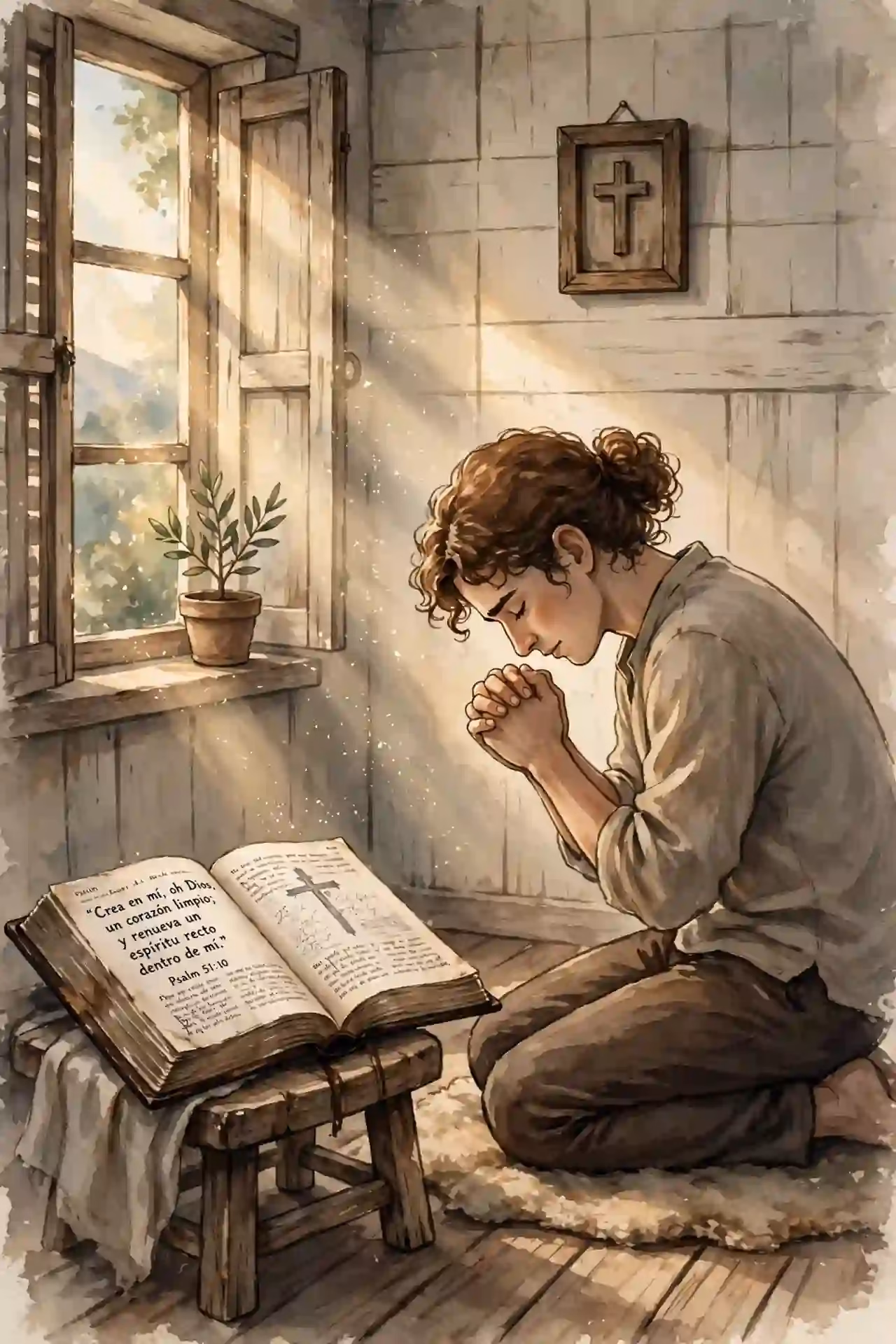 Alt: Cómo se recibe la salvación por gracia mediante la fe y el arrepentimiento, persona orando con Biblia