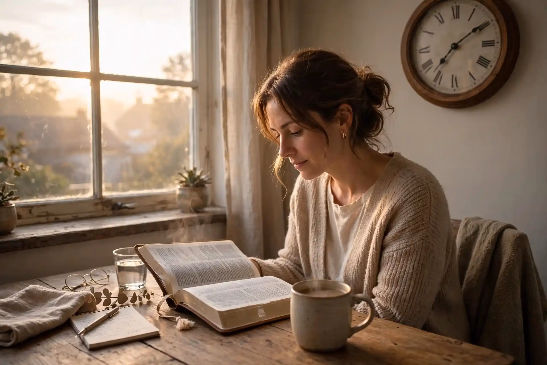 Mujer leyendo la Biblia cada mañana con café durante 10 minutos para desarrollar constancia