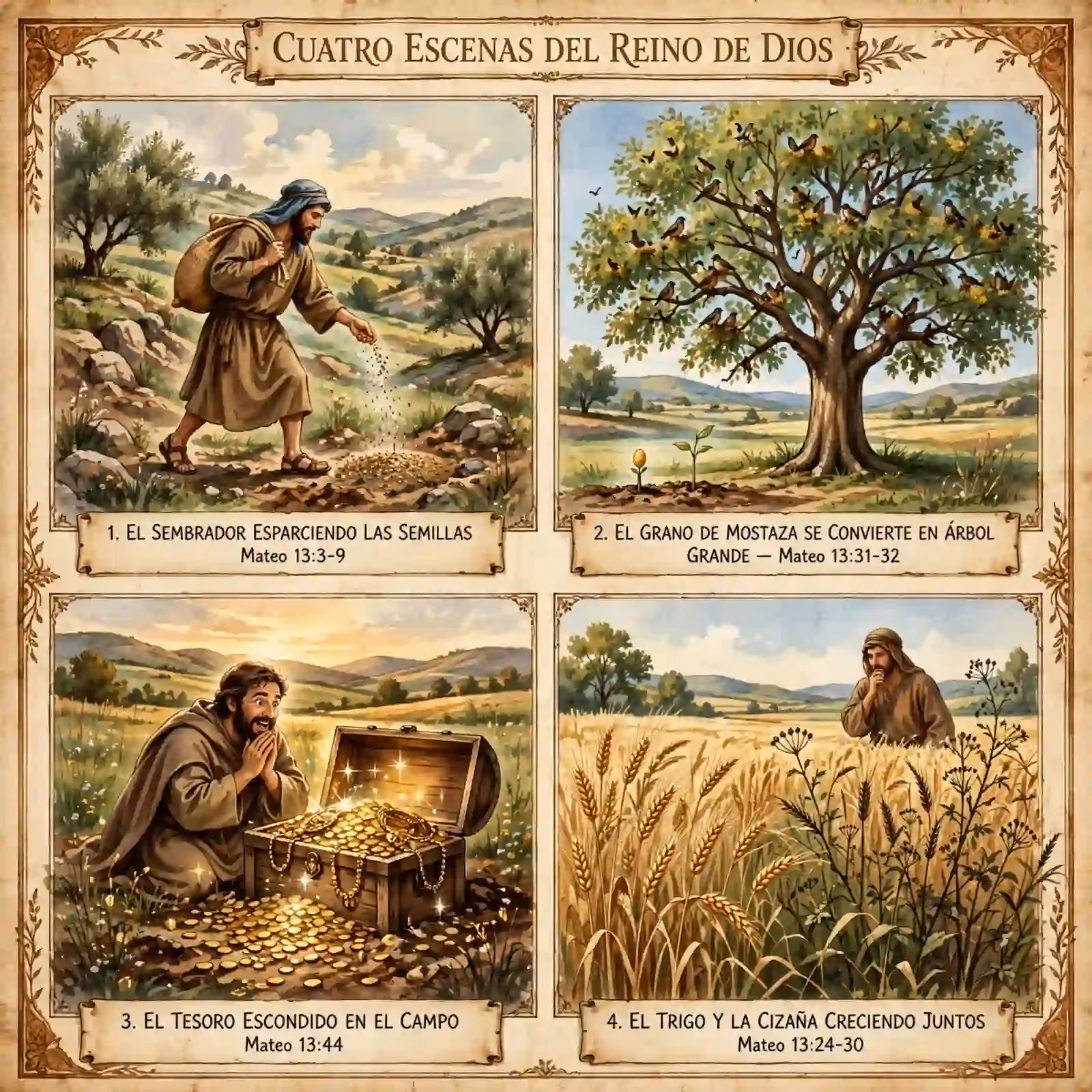 Cuatro escenas del reino de Dios: el sembrador esparciendo semillas, el grano de mostaza convirtiéndose en árbol grande, el tesoro escondido en el campo y el trigo y la cizaña creciendo juntos