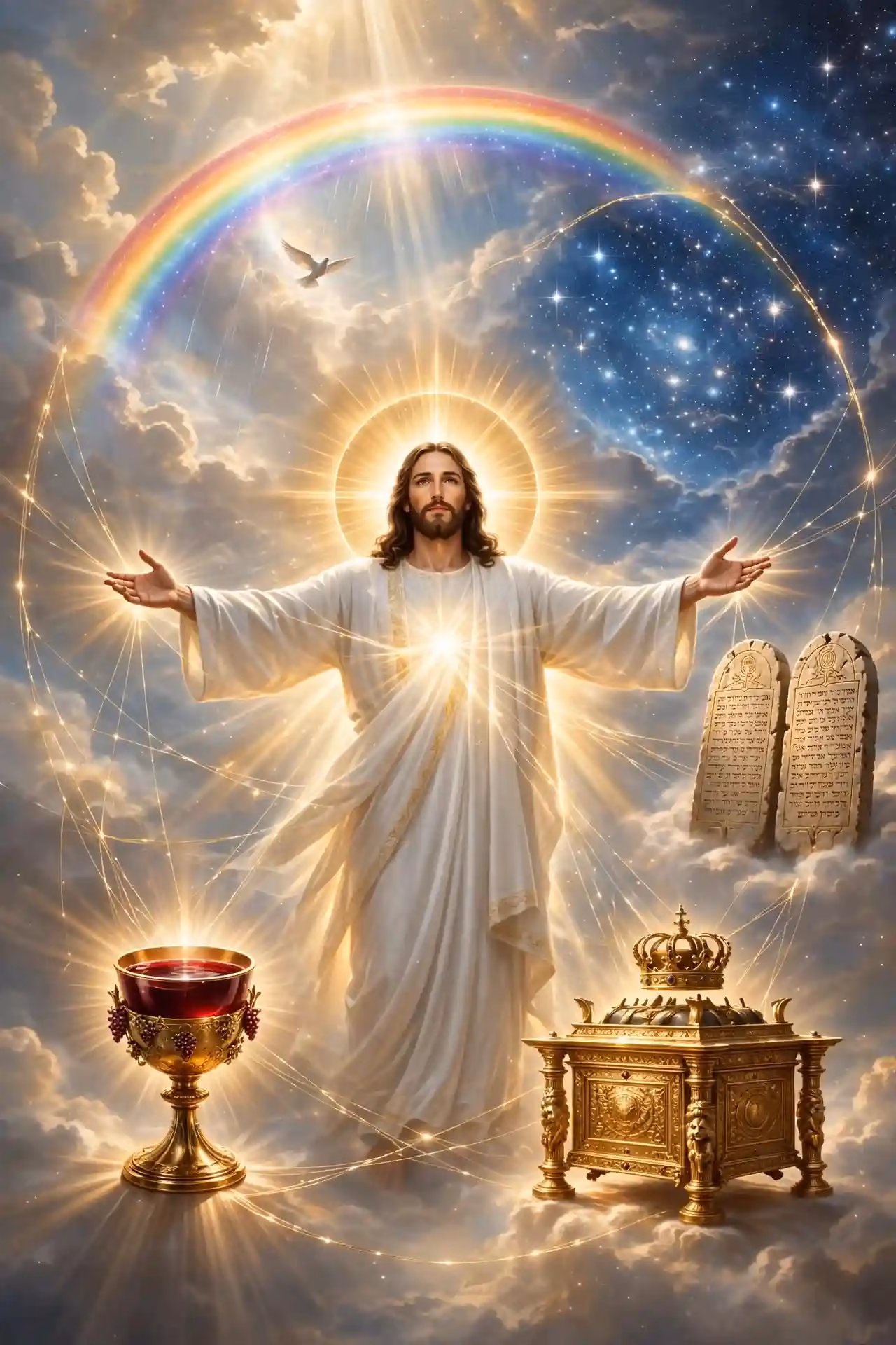 Jesucristo glorificado en el centro como mediador del nuevo pacto, rodeado por símbolos de los pactos: arcoíris de Noé, estrellas de Abraham, tablas de Sinaí, trono de David y copa de la Cena del Señor, conectados por hilos de luz dorada mostrando fidelidad de Dios.