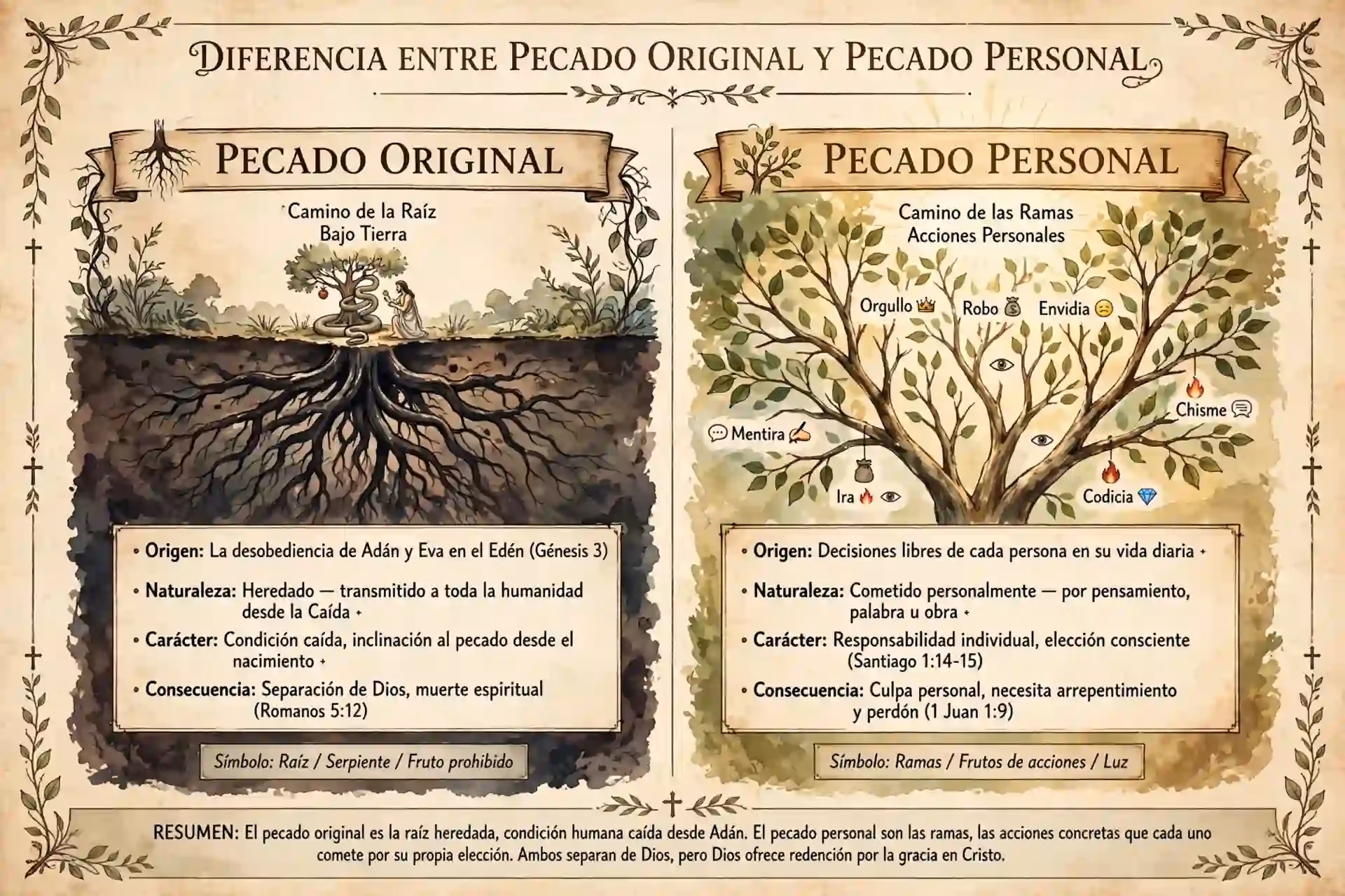 Infografía ilustrada comparando pecado original como raíz bajo tierra y pecado personal como ramas con acciones como orgullo, mentira e ira.