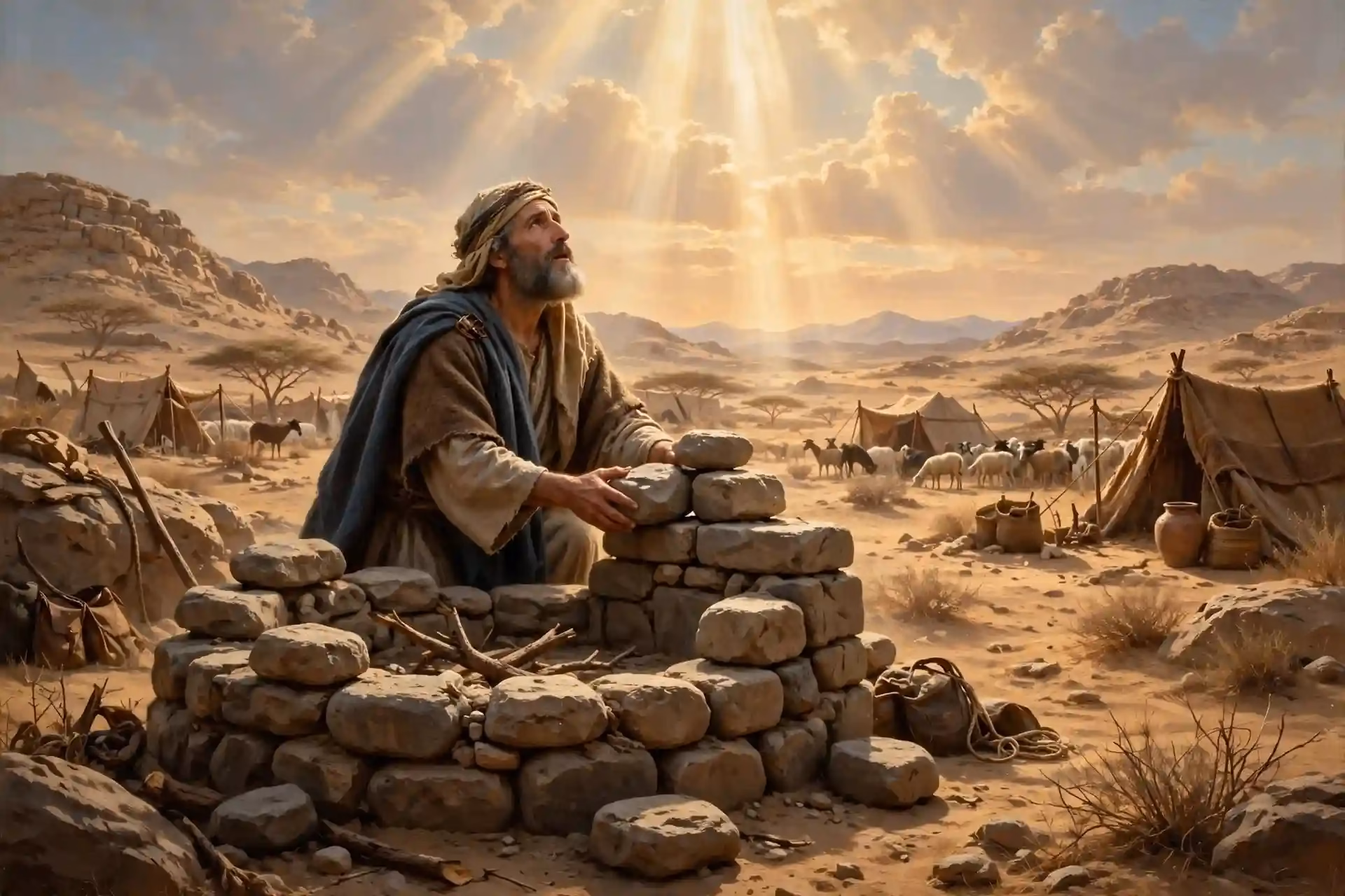 Isaac edificando un altar de piedras en Beerseba e invocando el nombre de Jehová, Génesis 26:23-25
