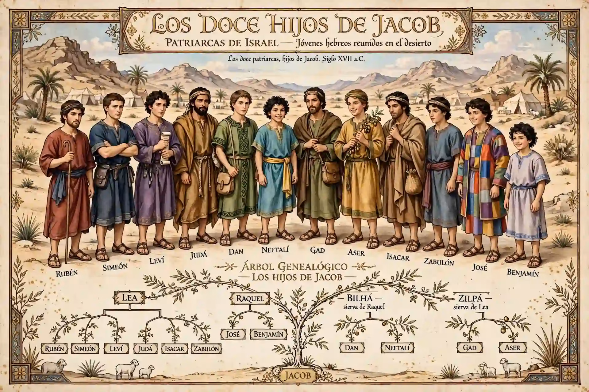 Los doce hijos de Jacob con sus madres Lea, Raquel, Bilhá y Zilpá, patriarcas de las doce tribus de Israel y árbol genealógico