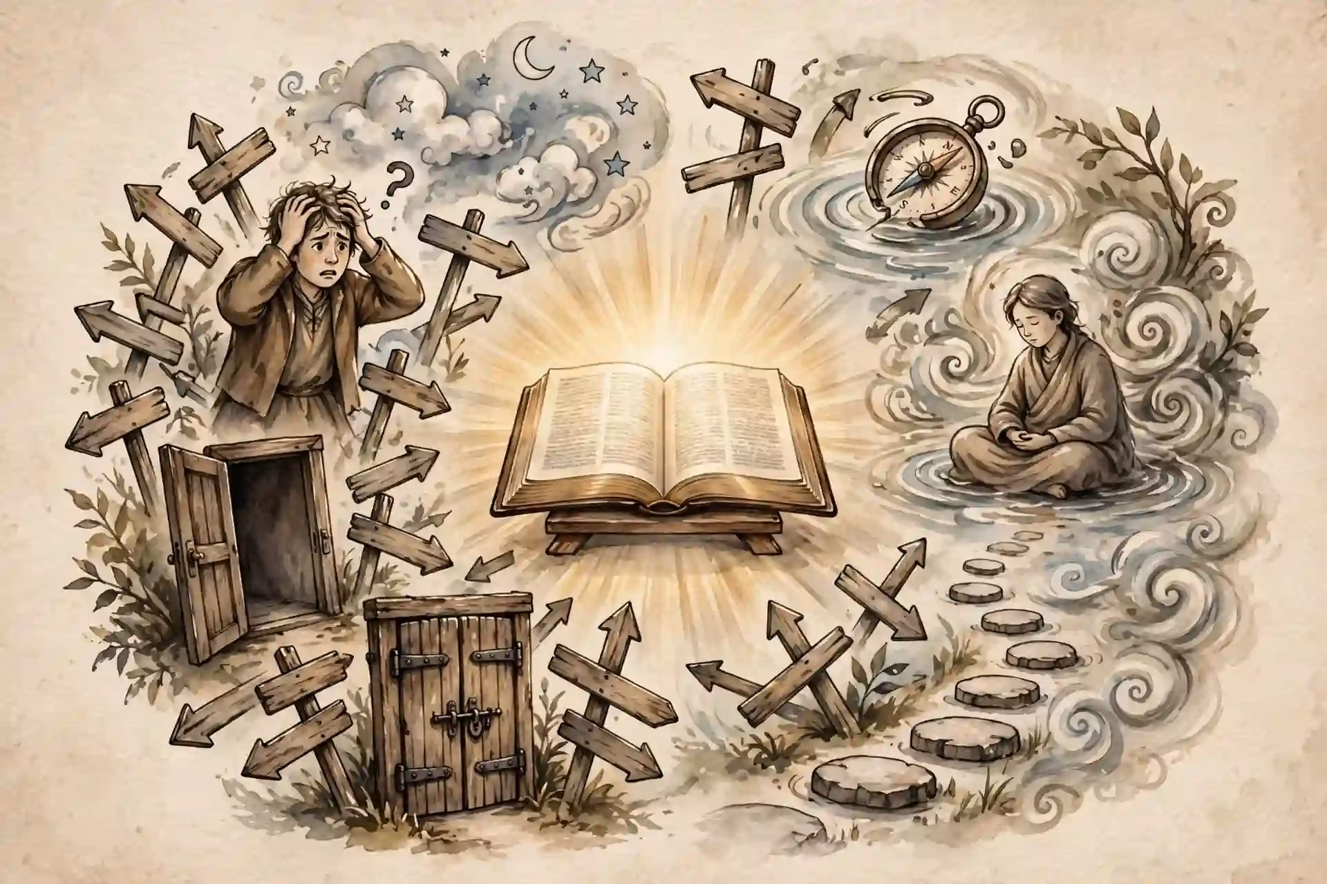 Ilustración conceptual de confusión por señales, sueños y puertas abiertas y cerradas alrededor de una Biblia que brilla en el centro como guía principal