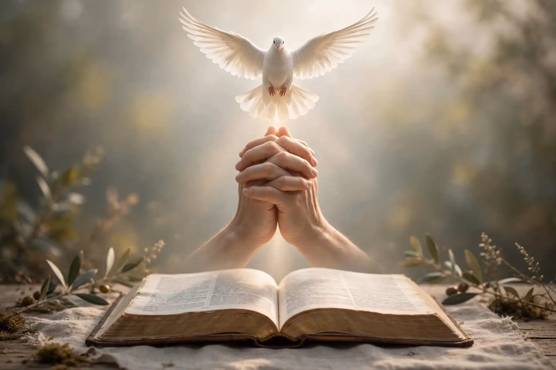 Composición de Biblia abierta como fundamento, paloma representando al Espíritu Santo que transforma y manos en oración que forma el corazón, trabajando juntos