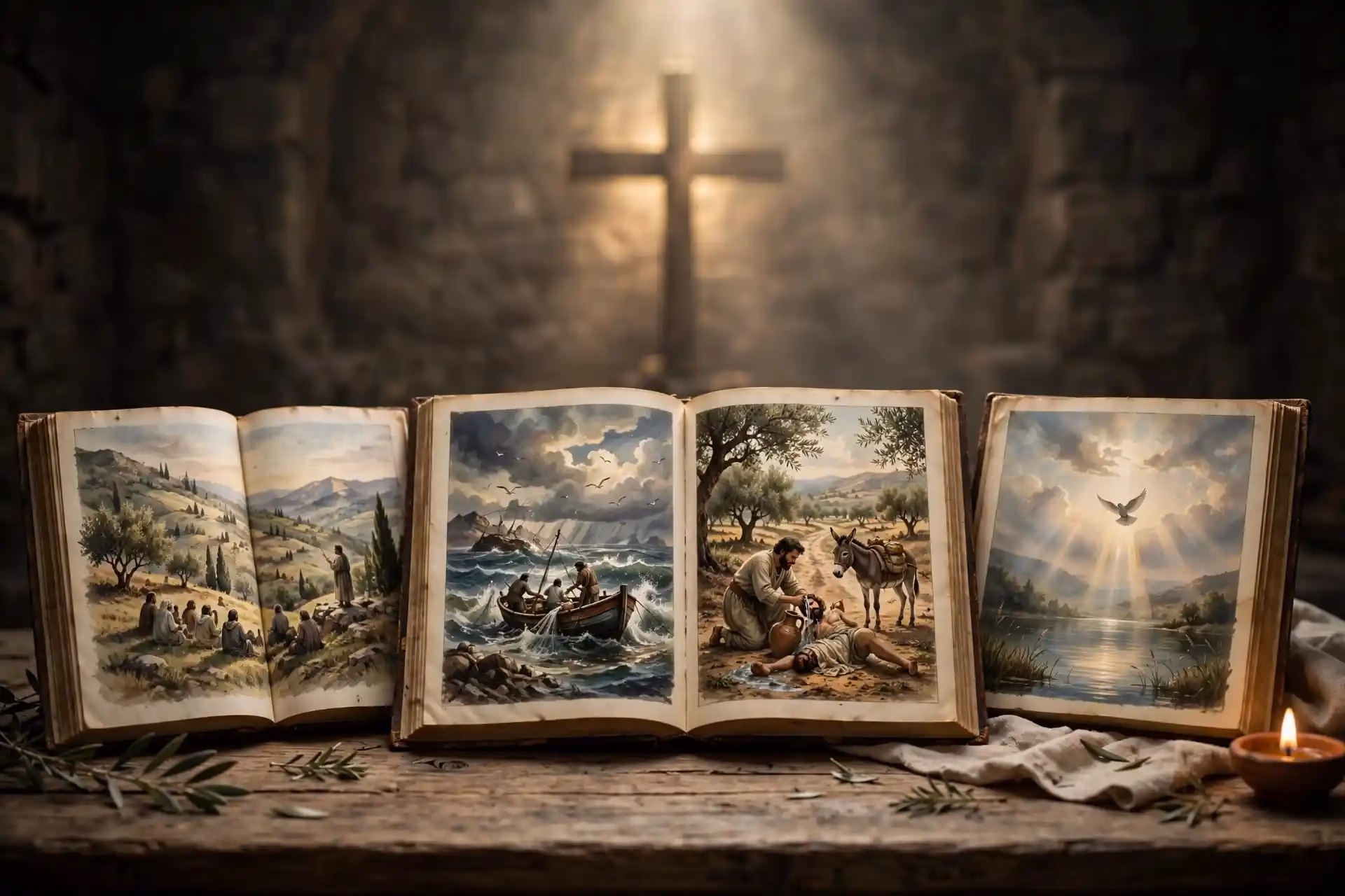 Cuatro libros antiguos abiertos que representan Mateo, Marcos, Lucas y Juan, cada uno con escenas diferentes de la vida de Jesús y una cruz iluminada al fondo