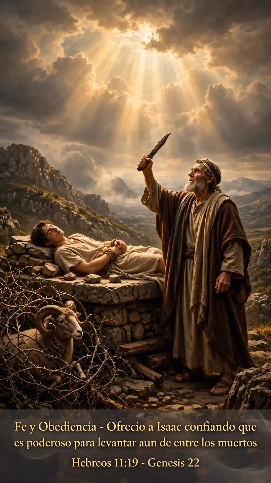 Abraham en monte Moriah alzando cuchillo sobre Isaac en altar, carnero trabado en zarza provisto por Dios, luz dramática celestial, texto Fe y Obediencia ofreció a Isaac confiando que Dios es poderoso para levantar aun de entre los muertos Hebreos 11:19 Génesis 22.