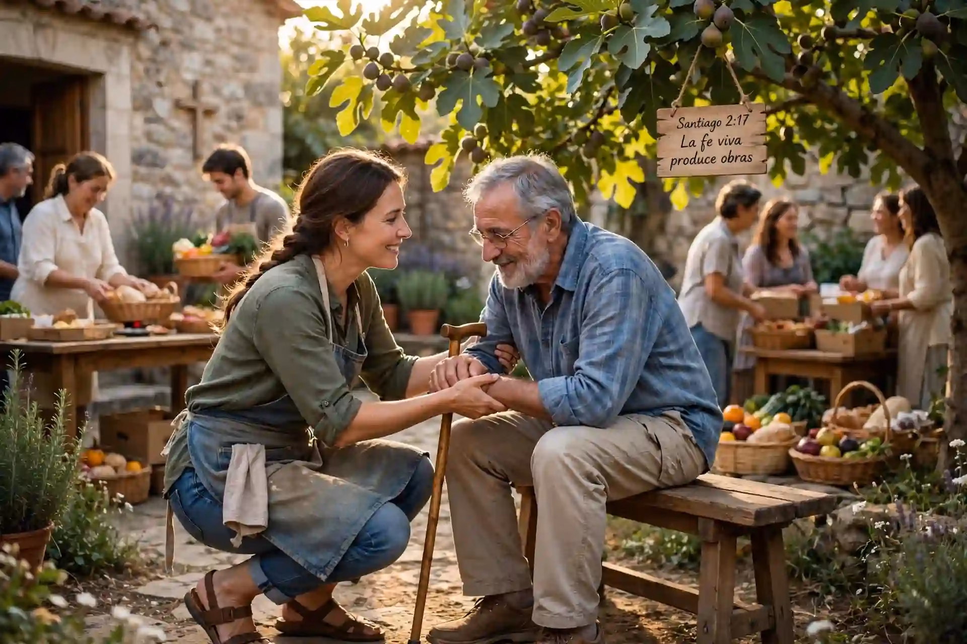Mujer cristiana ayudando a un anciano con bastón en un patio comunitario con frutos y pan, ejemplo de fe viva que produce obras de amor