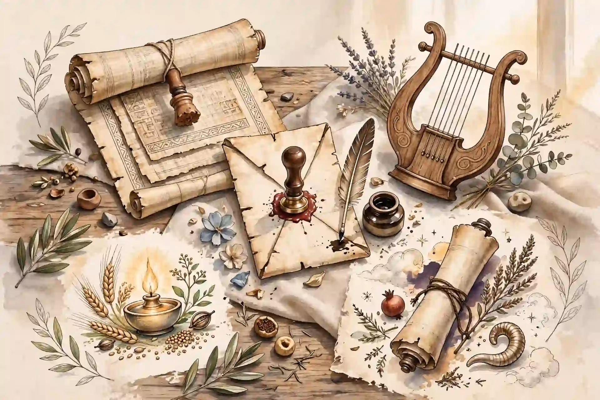 Collage de géneros literarios bíblicos: narración histórica, poesía, cartas, parábolas y profecía sobre una mesa de estudio
