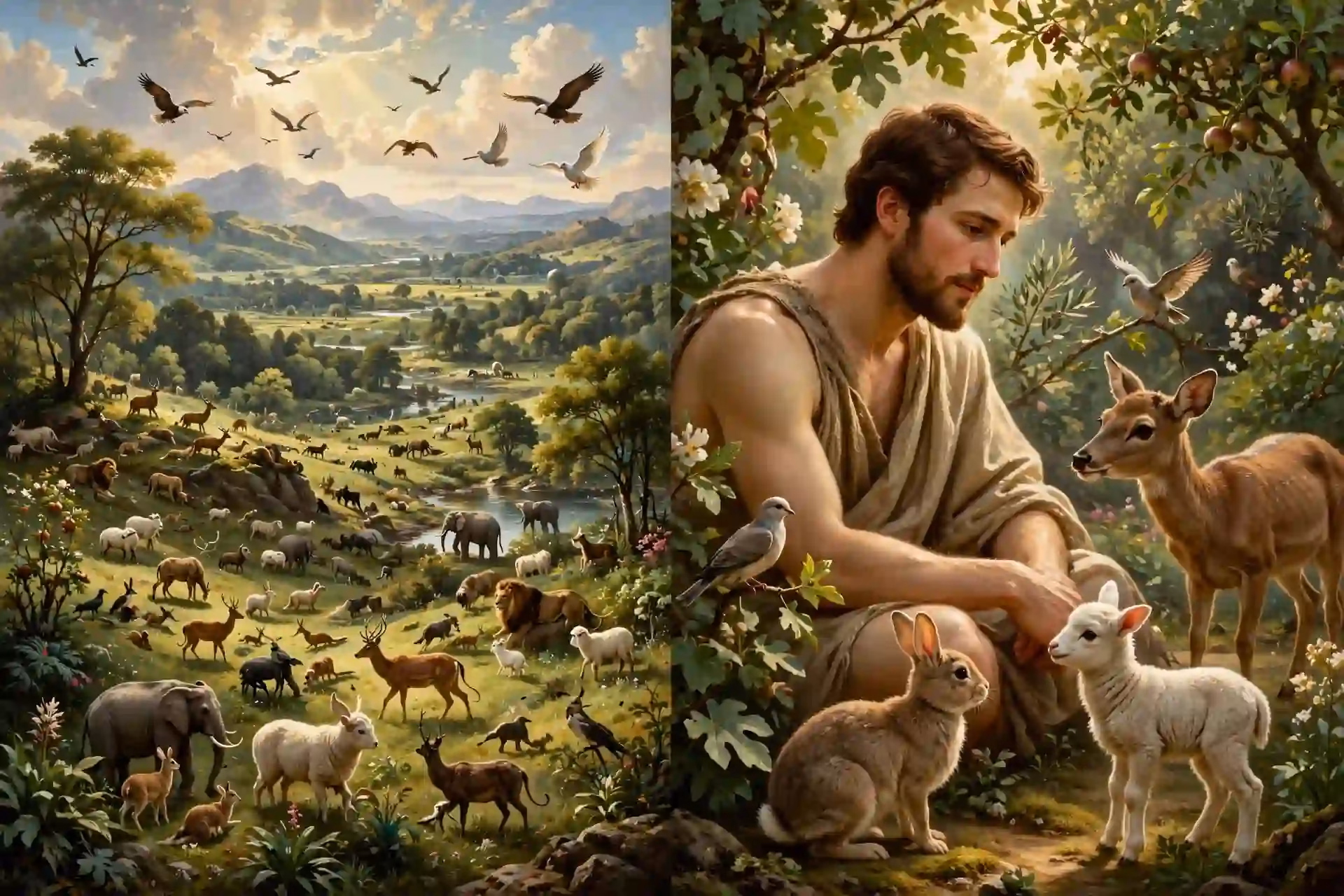 Representación dividida de Génesis 1 con la creación panorámica de animales y naturaleza y Génesis 2 con Adán en el huerto recibiendo a los animales