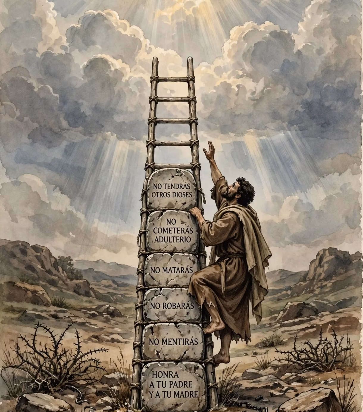 Hombre intentando alcanzar el cielo subiendo una escalera hecha de piedras con los mandamientos, ilustrando que la ley no puede salvar