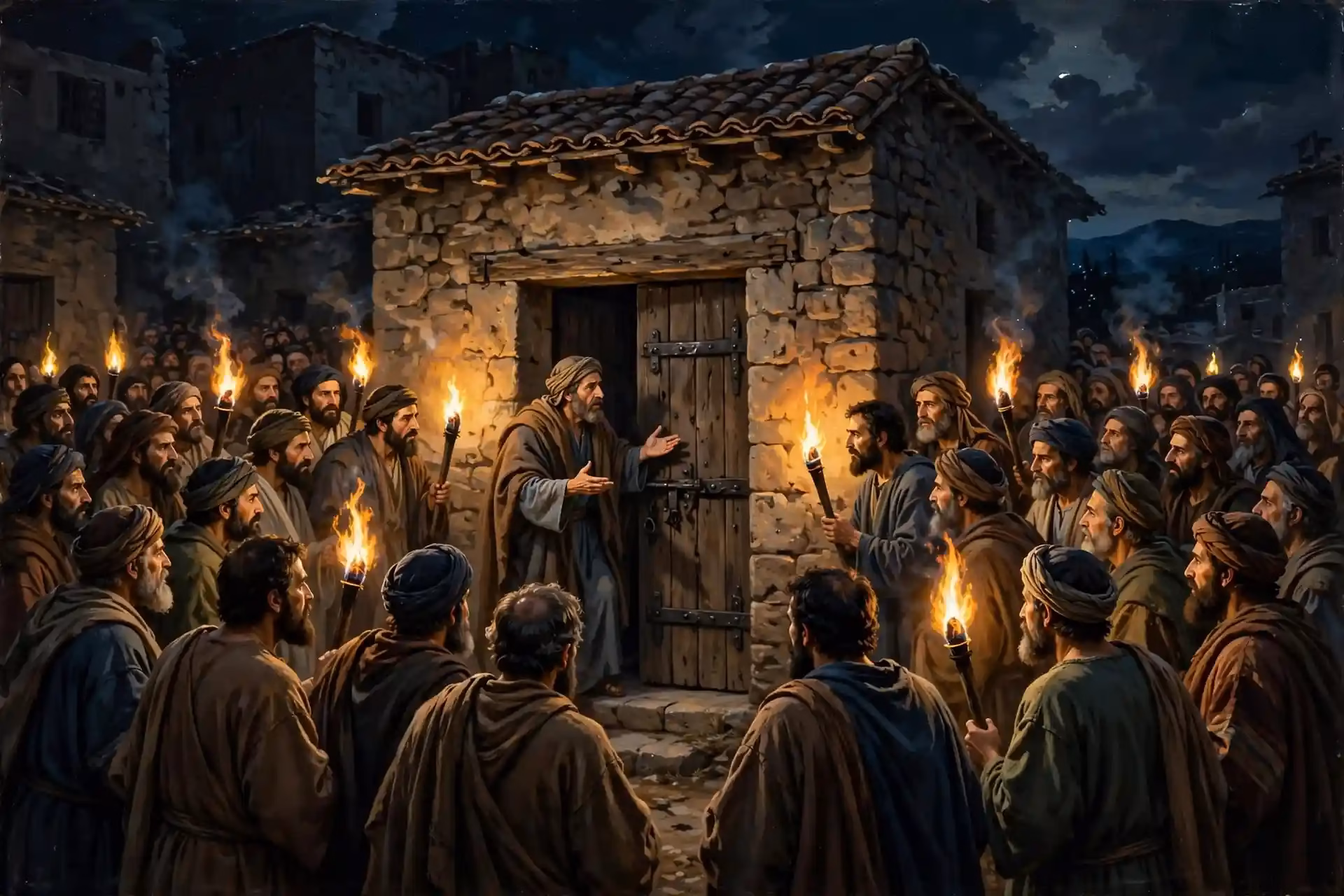 Multitud de hombres de Sodoma rodeando la casa de Lot de noche exigiendo a los visitantes, escena tensa de Génesis 19